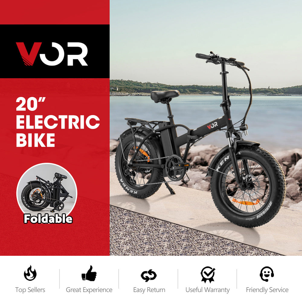 VOR 20 inch Folding Electric Bike 250W Brushless Shimano 7 Speed 4 inch Fat Tires Black - Sunyee