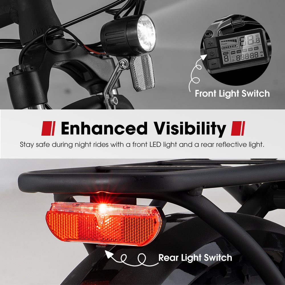 VOR 20 inch Folding Electric Bike 250W Brushless Shimano 7 Speed 4 inch Fat Tires Black - Sunyee