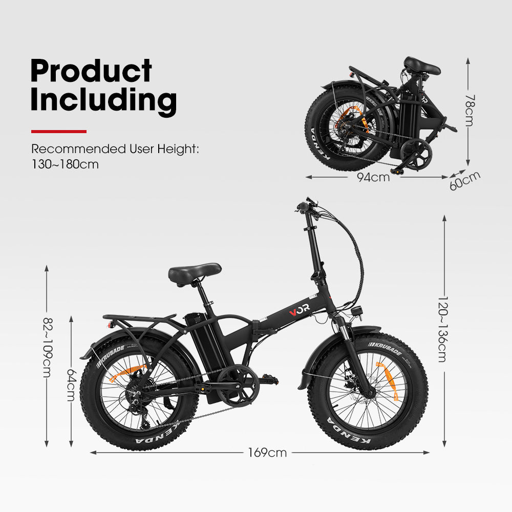 VOR 20 inch Folding Electric Bike 250W Brushless Shimano 7 Speed 4 inch Fat Tires Black - Sunyee