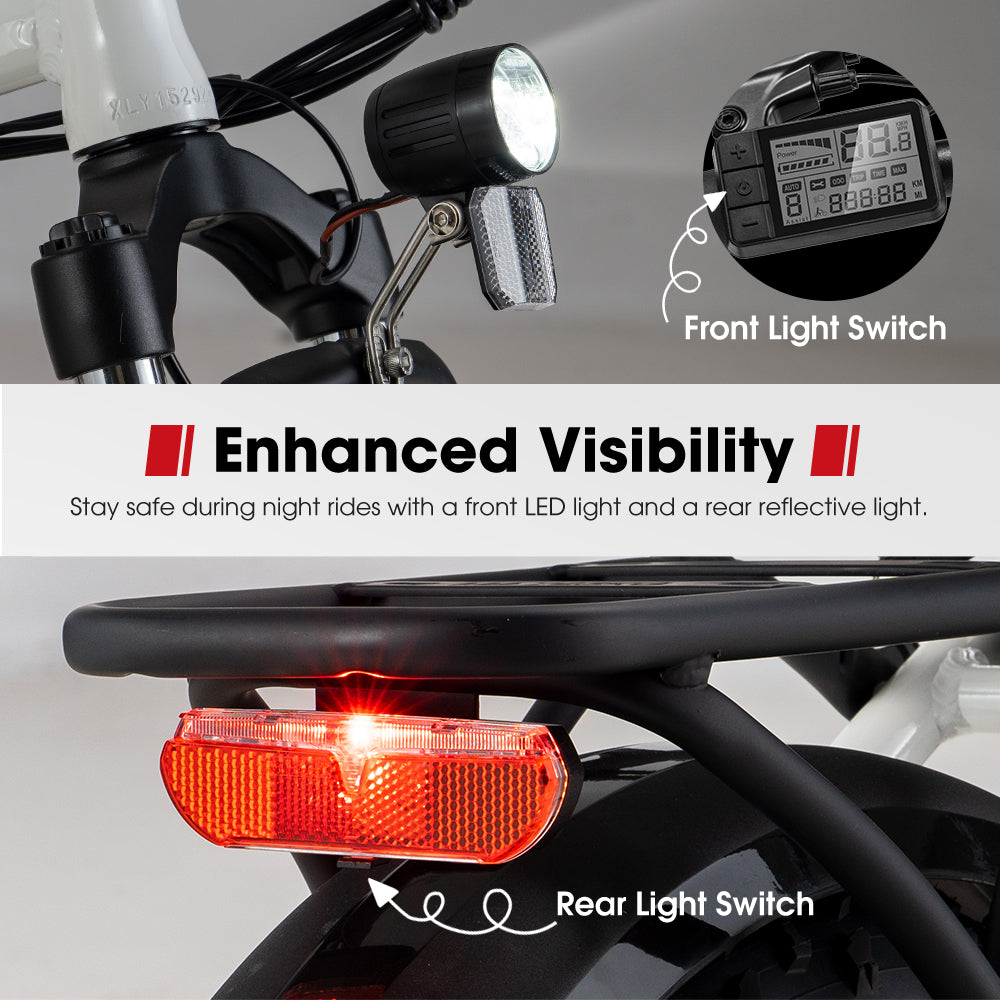 VOR 20 inch Folding Electric Bike 250W Brushless Shimano 7 Speed 4 inch Fat Tires White - Sunyee