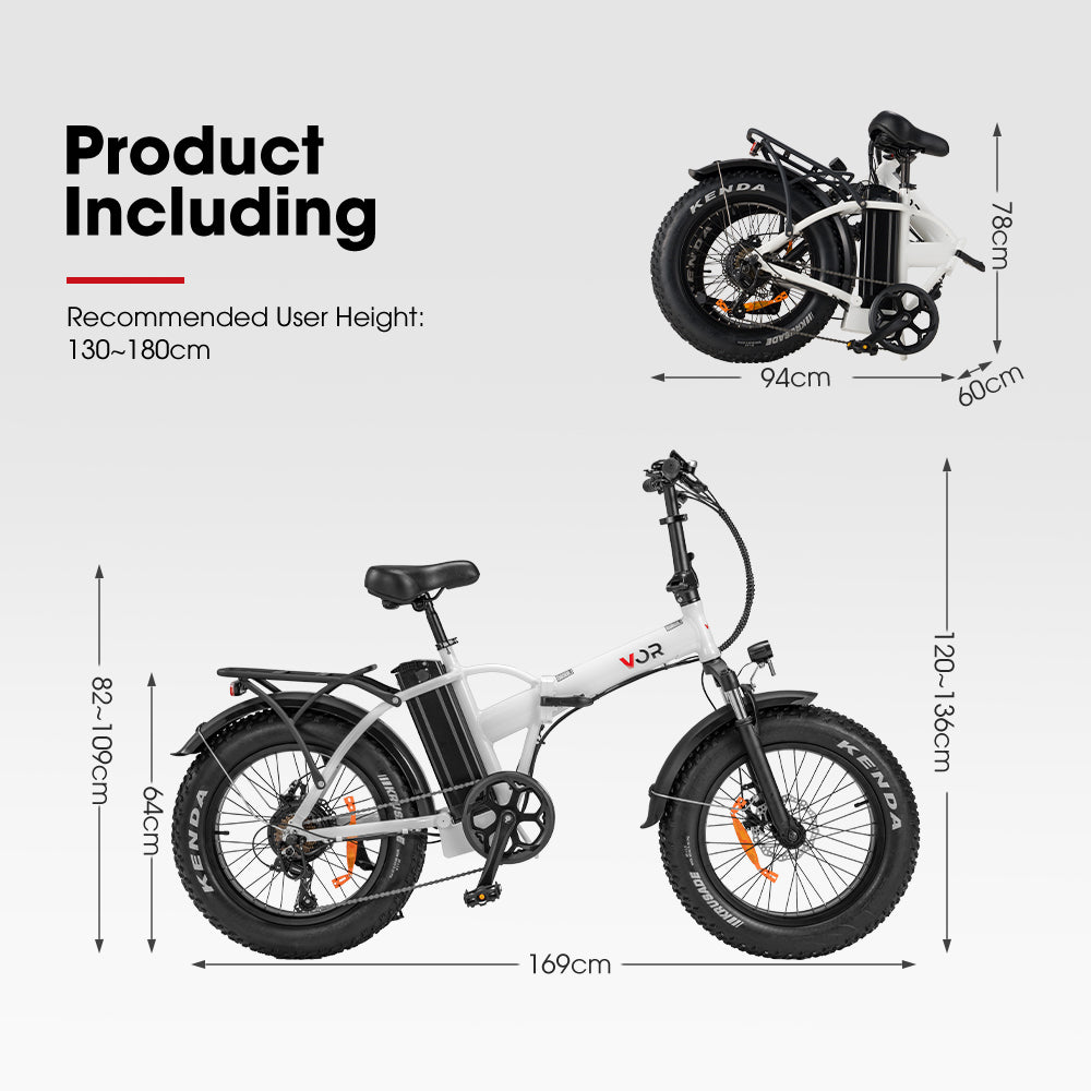VOR 20 inch Folding Electric Bike 250W Brushless Shimano 7 Speed 4 inch Fat Tires White - Sunyee
