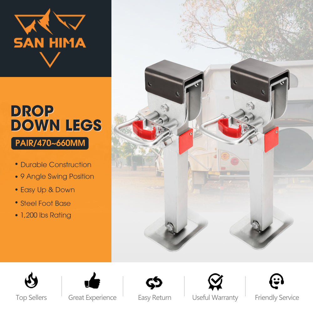 2x 470mm Drop Down Corner Legs Steadies & Handle Steel Foot Caravan Trailer - Sunyee