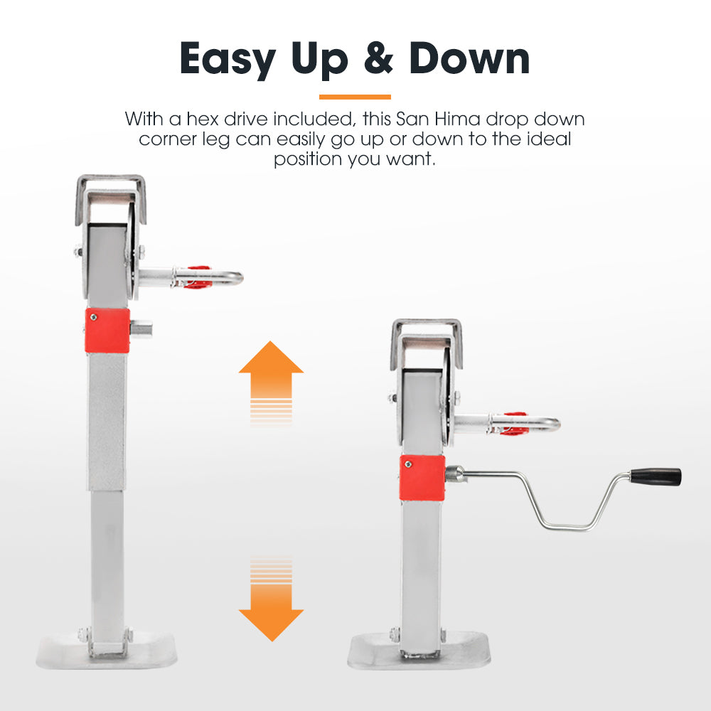 2x 470mm Drop Down Corner Legs Steadies & Handle Steel Foot Caravan Trailer - Sunyee