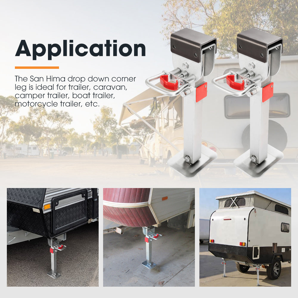 4x 470mm Drop Down Corner Legs Steadies & Handle Steel Foot Caravan Trailer - Sunyee