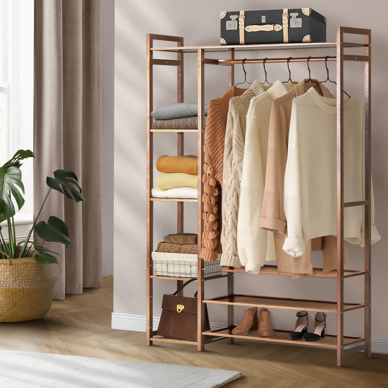 Oikiture Clothes Rack Open Wardrobe Garment Coat Hanging Rail Bamboo 8 Shelves - Sunyee