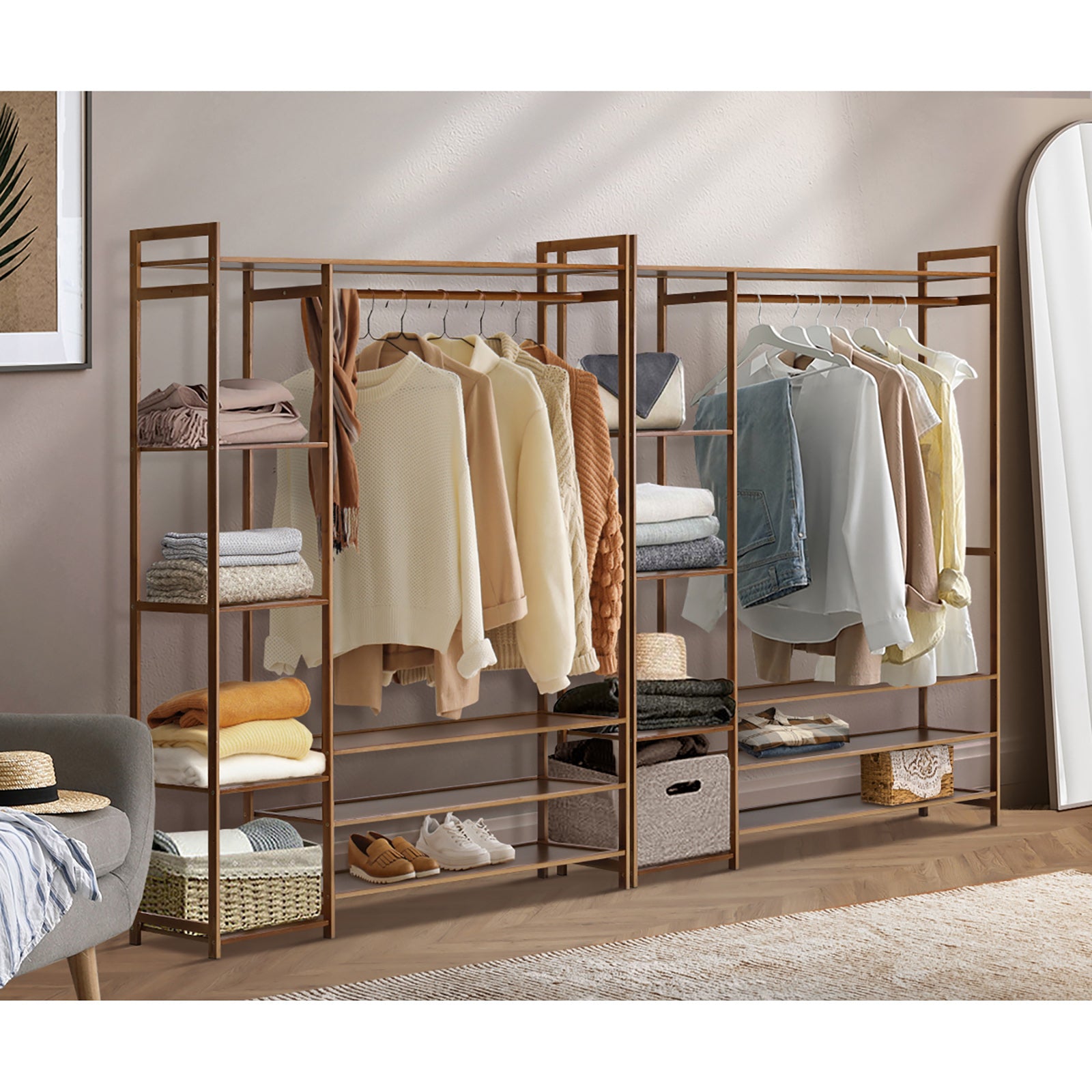 Oikiture Clothes Rack Open Wardrobe Garment Coat Hanging Rail Bamboo 8 Shelves - Sunyee