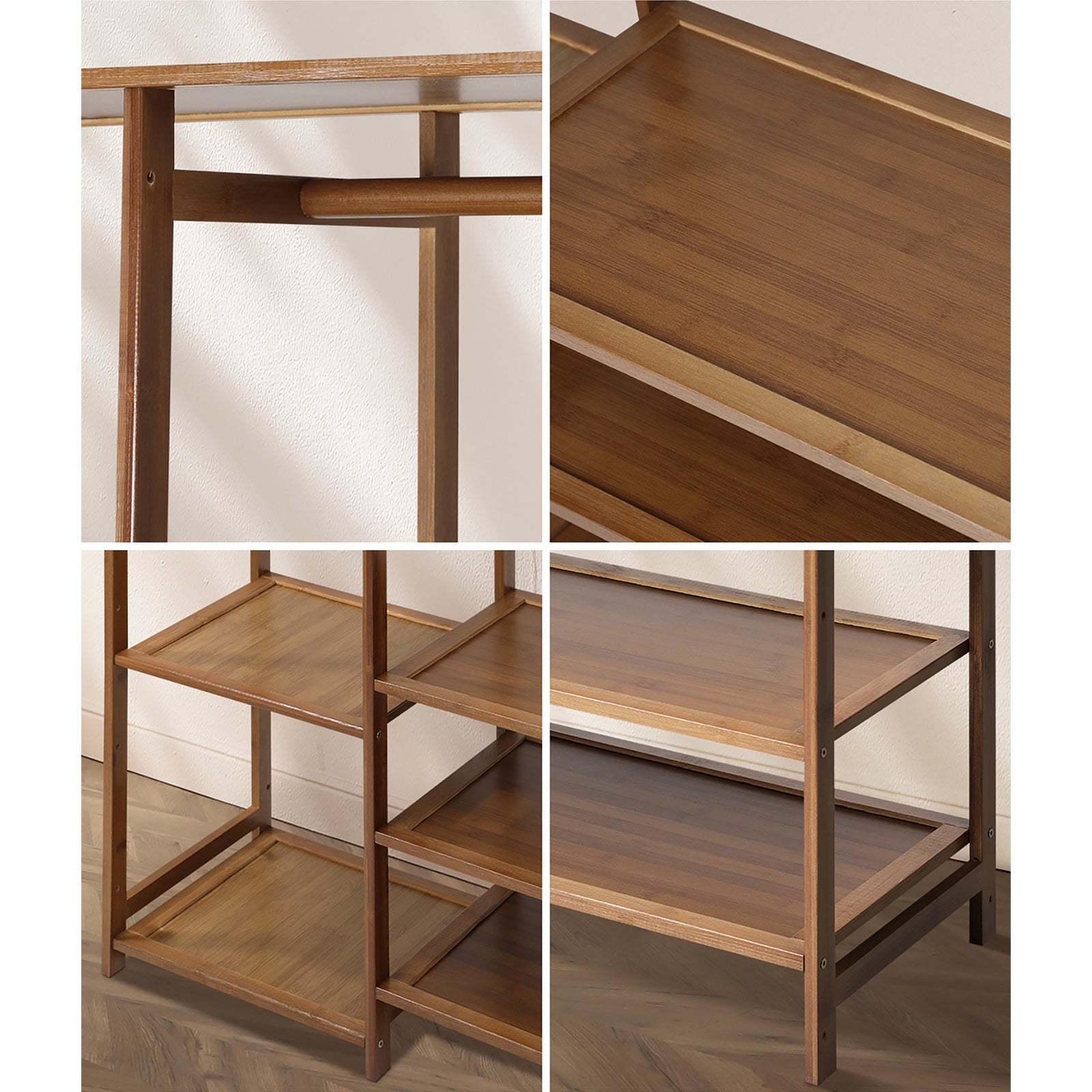 Oikiture Clothes Rack Open Wardrobe Garment Coat Hanging Rail Bamboo 8 Shelves - Sunyee