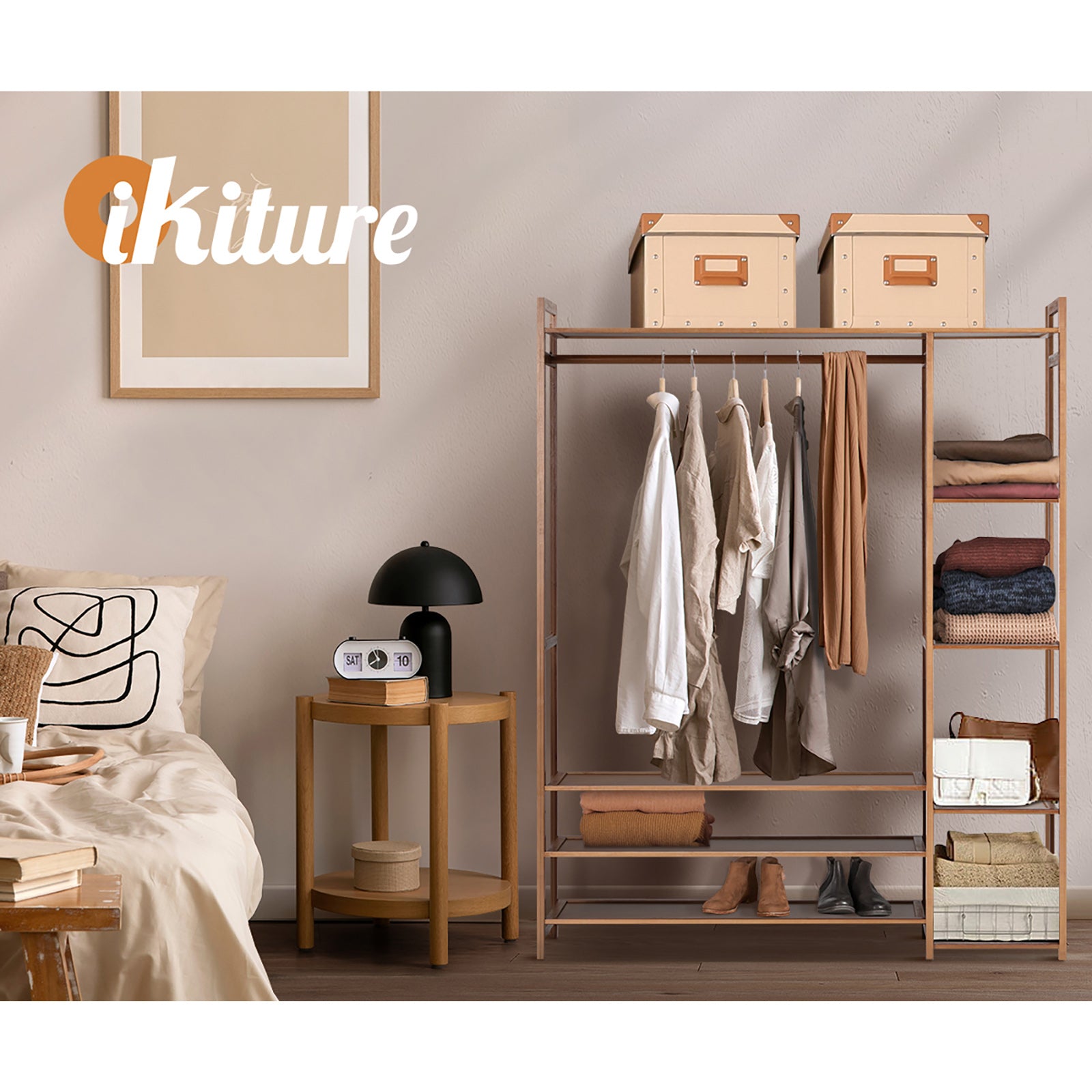 Oikiture Clothes Rack Open Wardrobe Garment Coat Hanging Rail Bamboo 8 Shelves - Sunyee