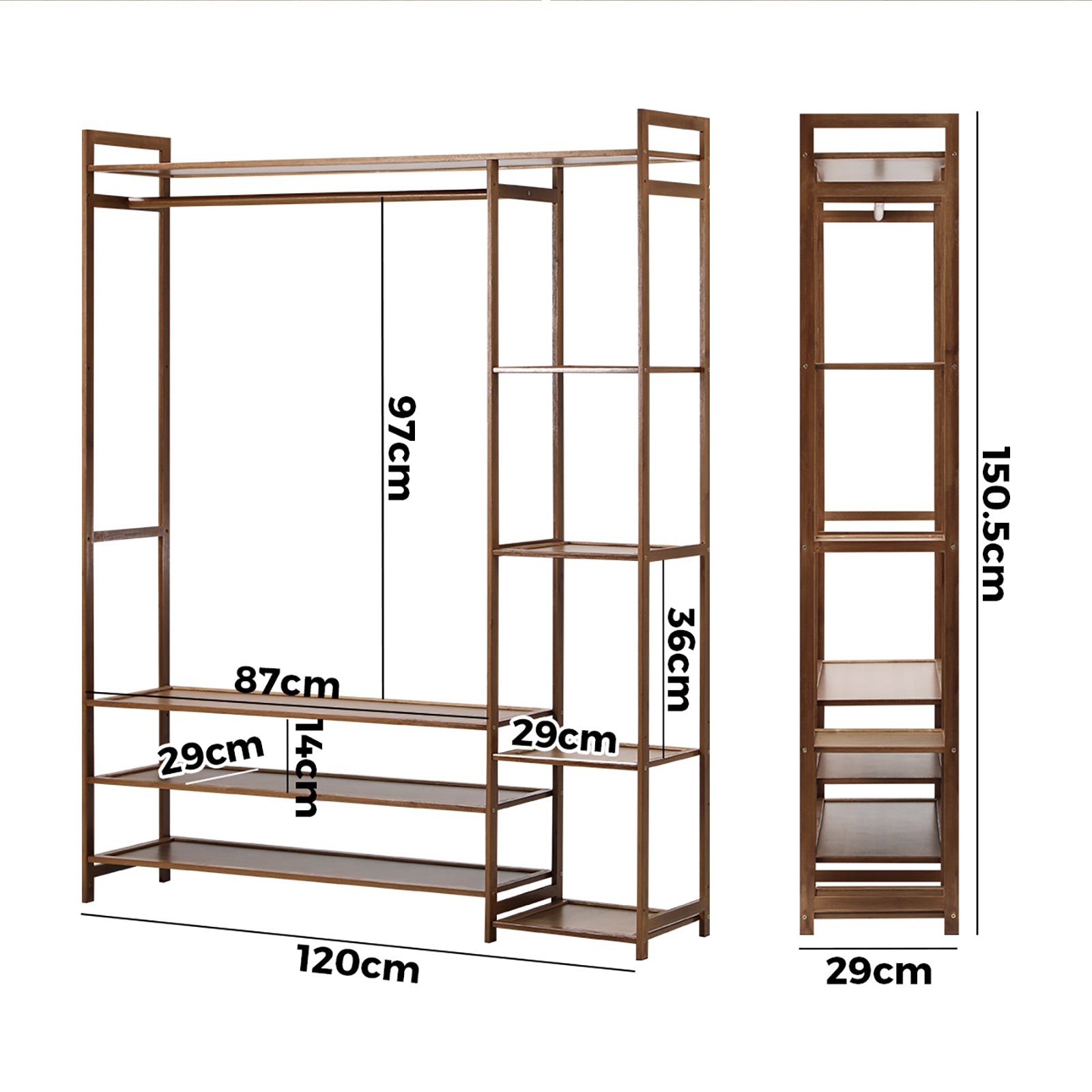 Oikiture Clothes Rack Open Wardrobe Garment Coat Hanging Rail Bamboo 8 Shelves - Sunyee
