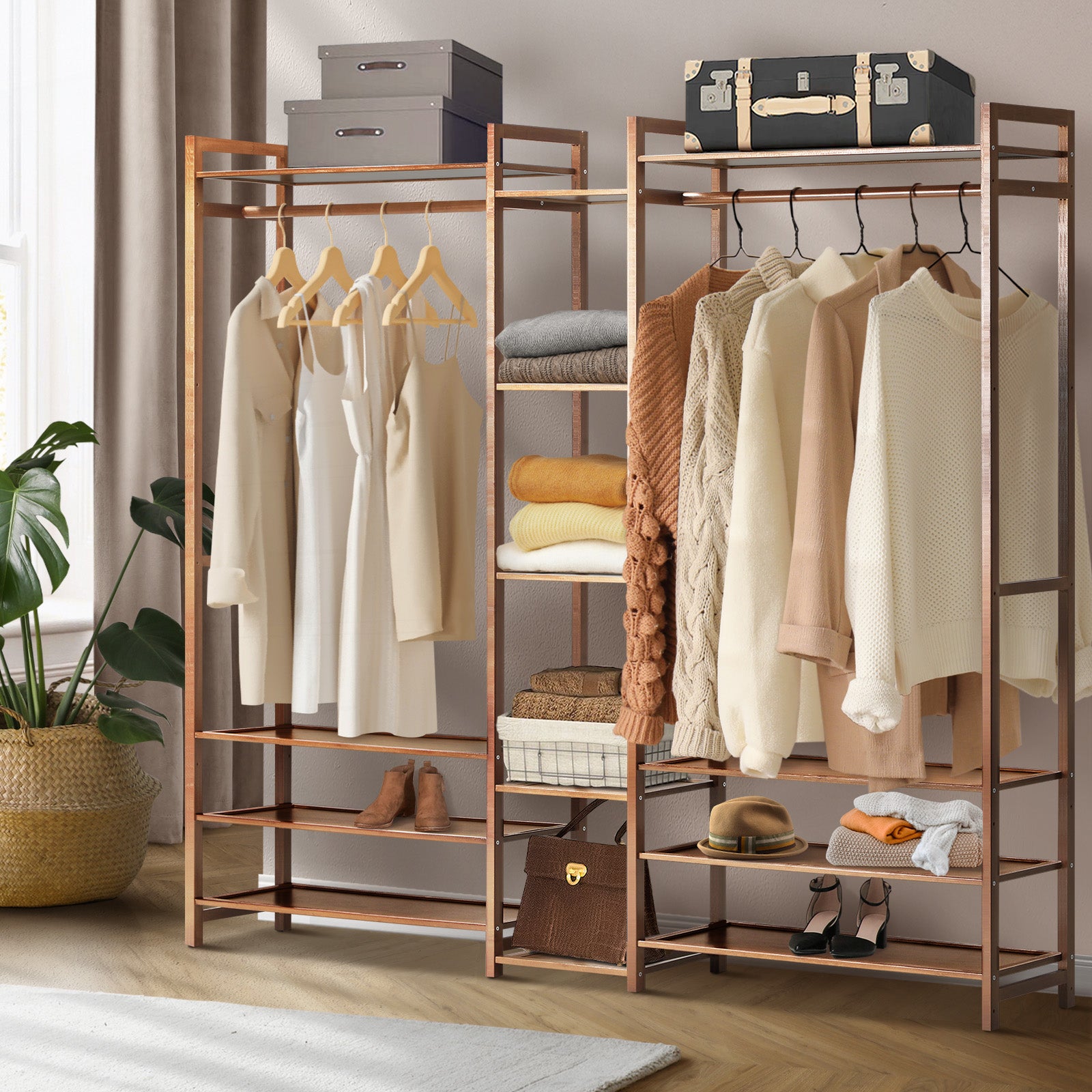 Oikiture Clothes Rack Open Wardrobe Garment Coat Hanging Rail Bamboo 13 Shelves - Sunyee