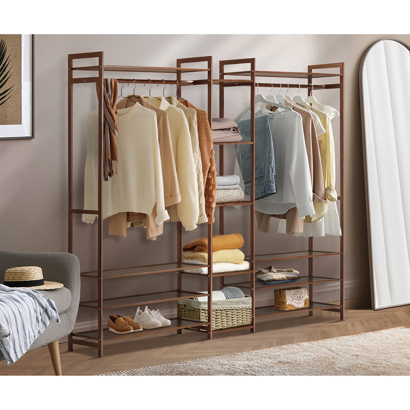 Oikiture Clothes Rack Open Wardrobe Garment Coat Hanging Rail Bamboo 13 Shelves - Sunyee