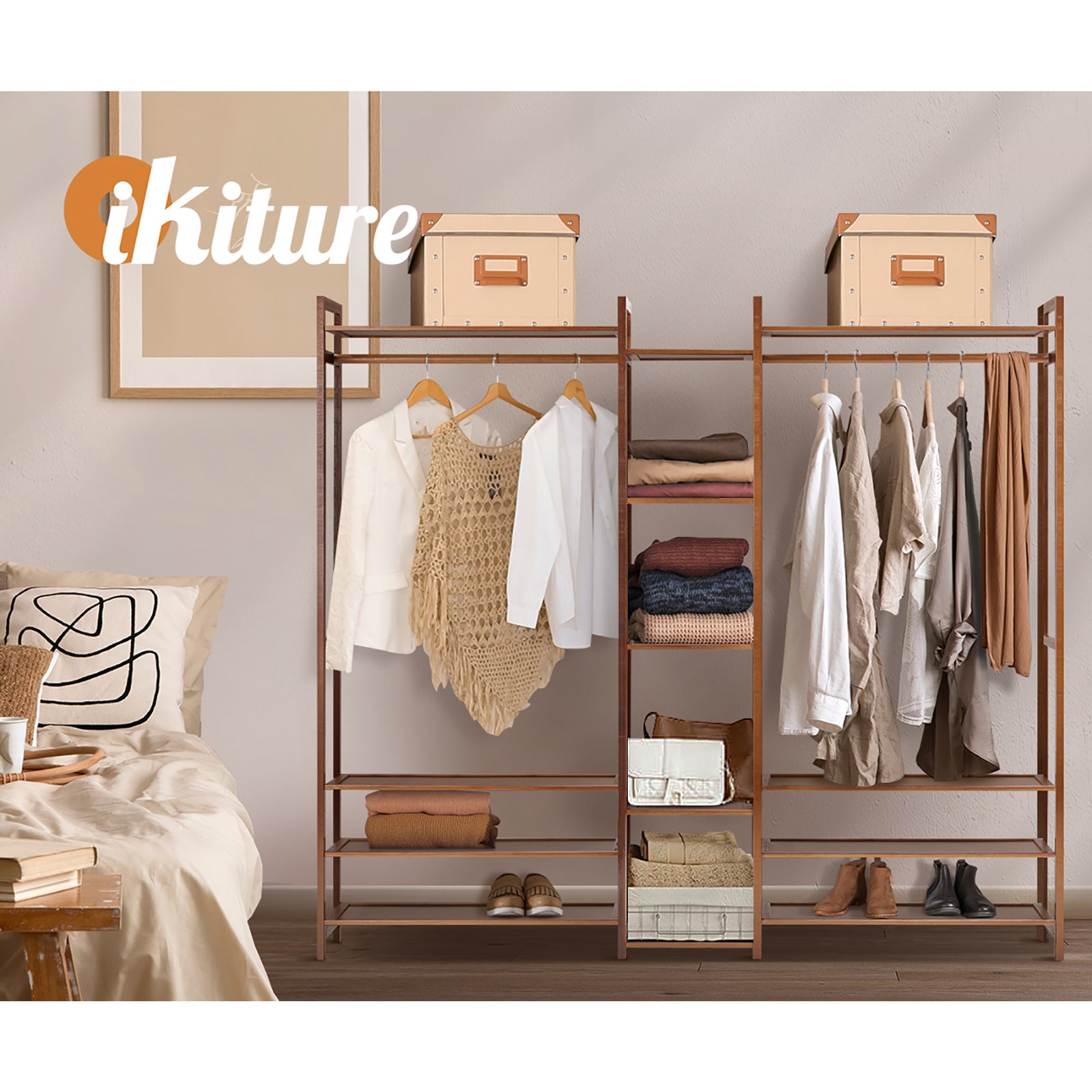 Oikiture Clothes Rack Open Wardrobe Garment Coat Hanging Rail Bamboo 13 Shelves - Sunyee