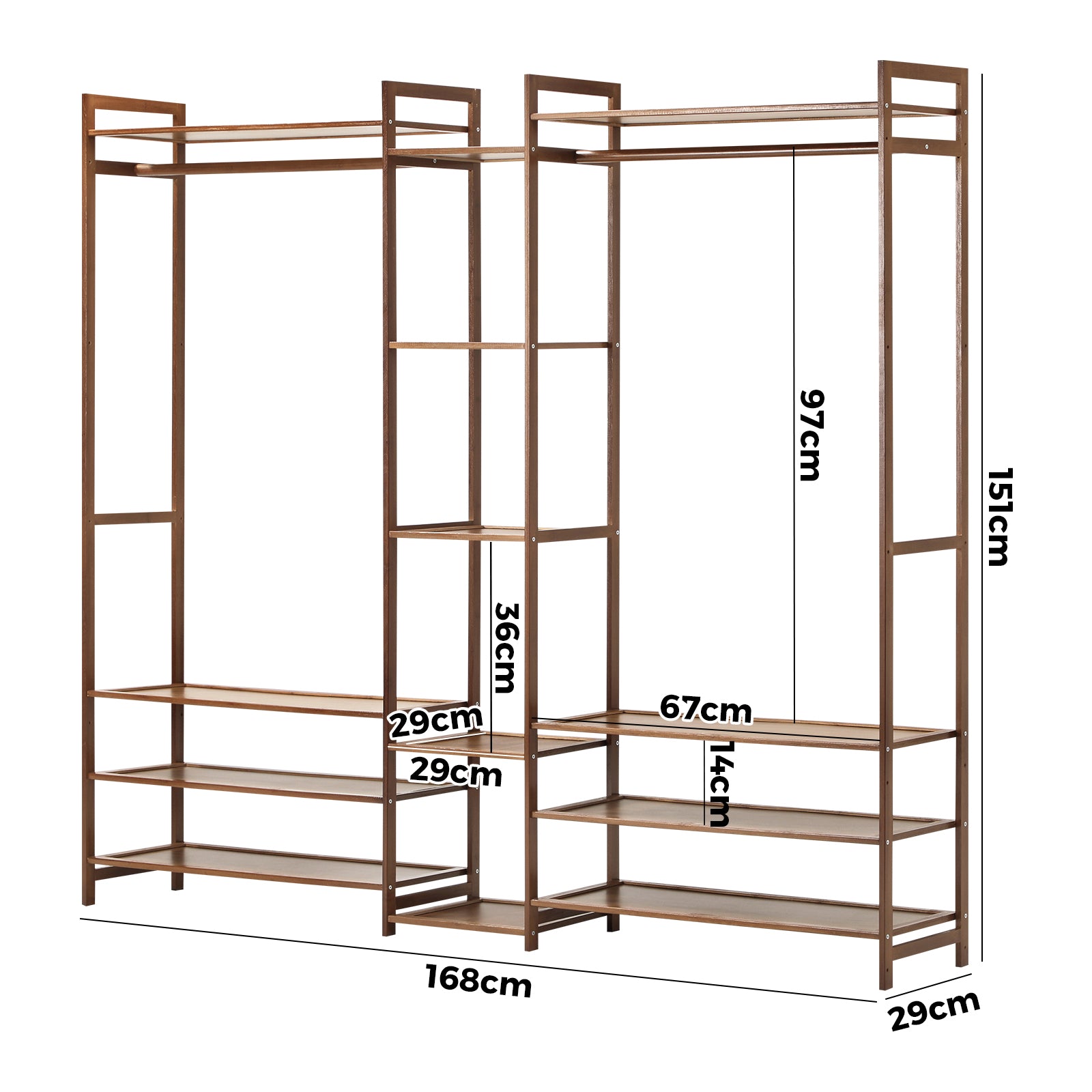 Oikiture Clothes Rack Open Wardrobe Garment Coat Hanging Rail Bamboo 13 Shelves - Sunyee