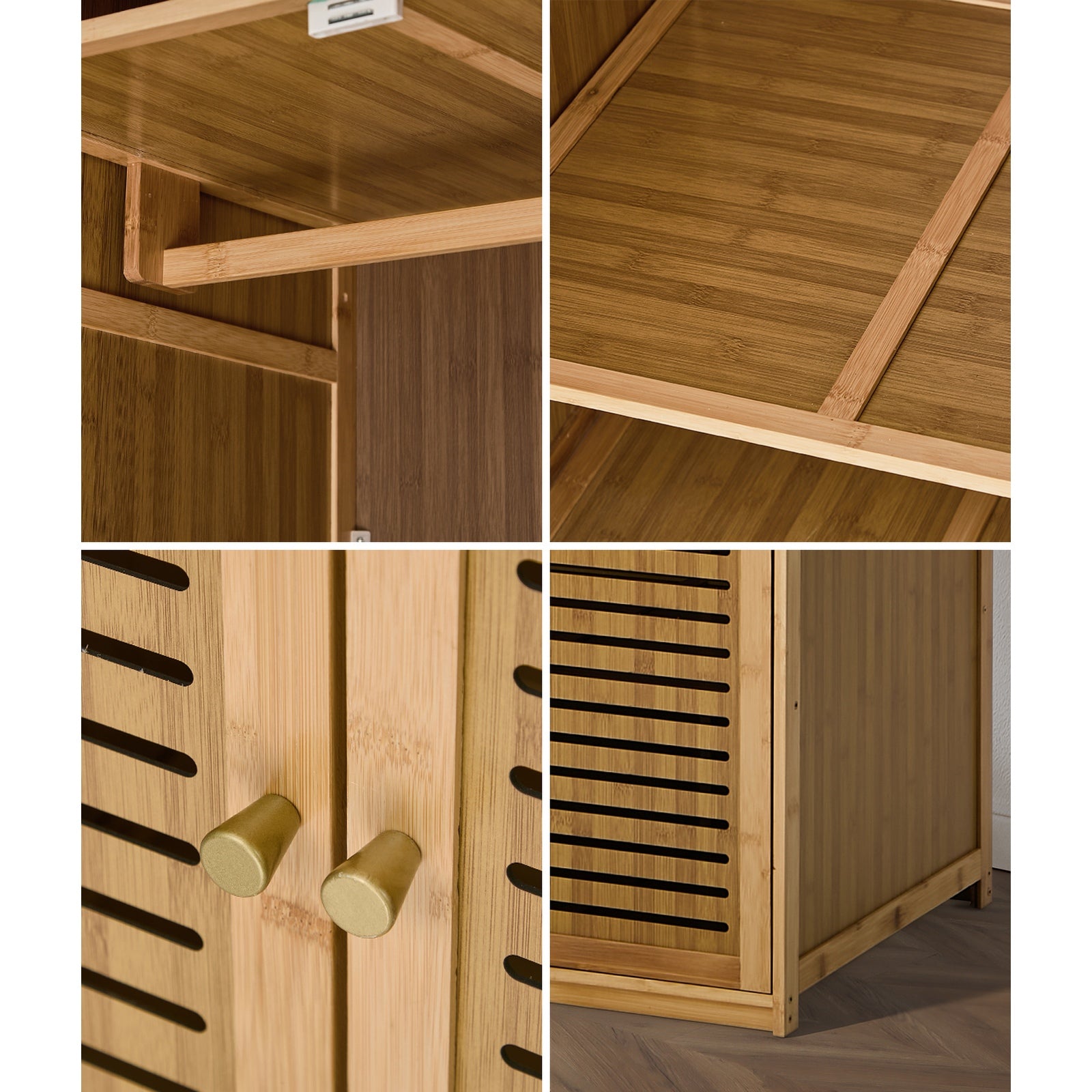 Oikiture Bamboo Wardrobe 4 Doors Clothes Storage Cabinet Hanging Rod Natural - Sunyee