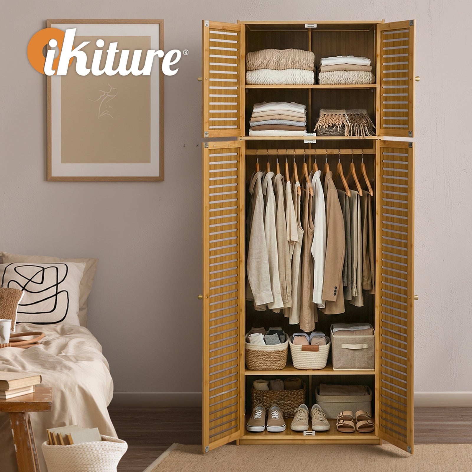 Oikiture Bamboo Wardrobe 4 Doors Clothes Storage Cabinet Hanging Rod Natural - Sunyee