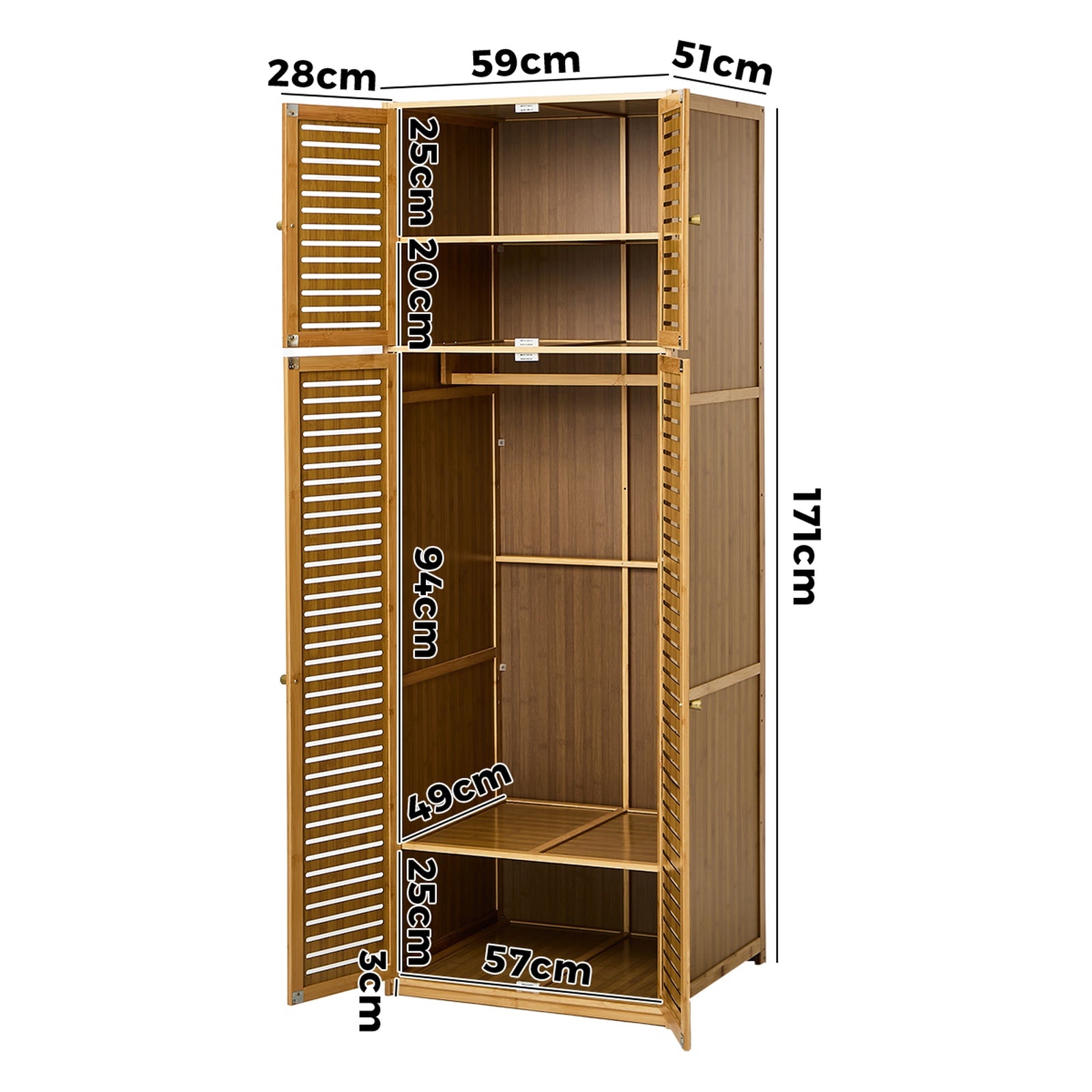Oikiture Bamboo Wardrobe 4 Doors Clothes Storage Cabinet Hanging Rod Natural - Sunyee