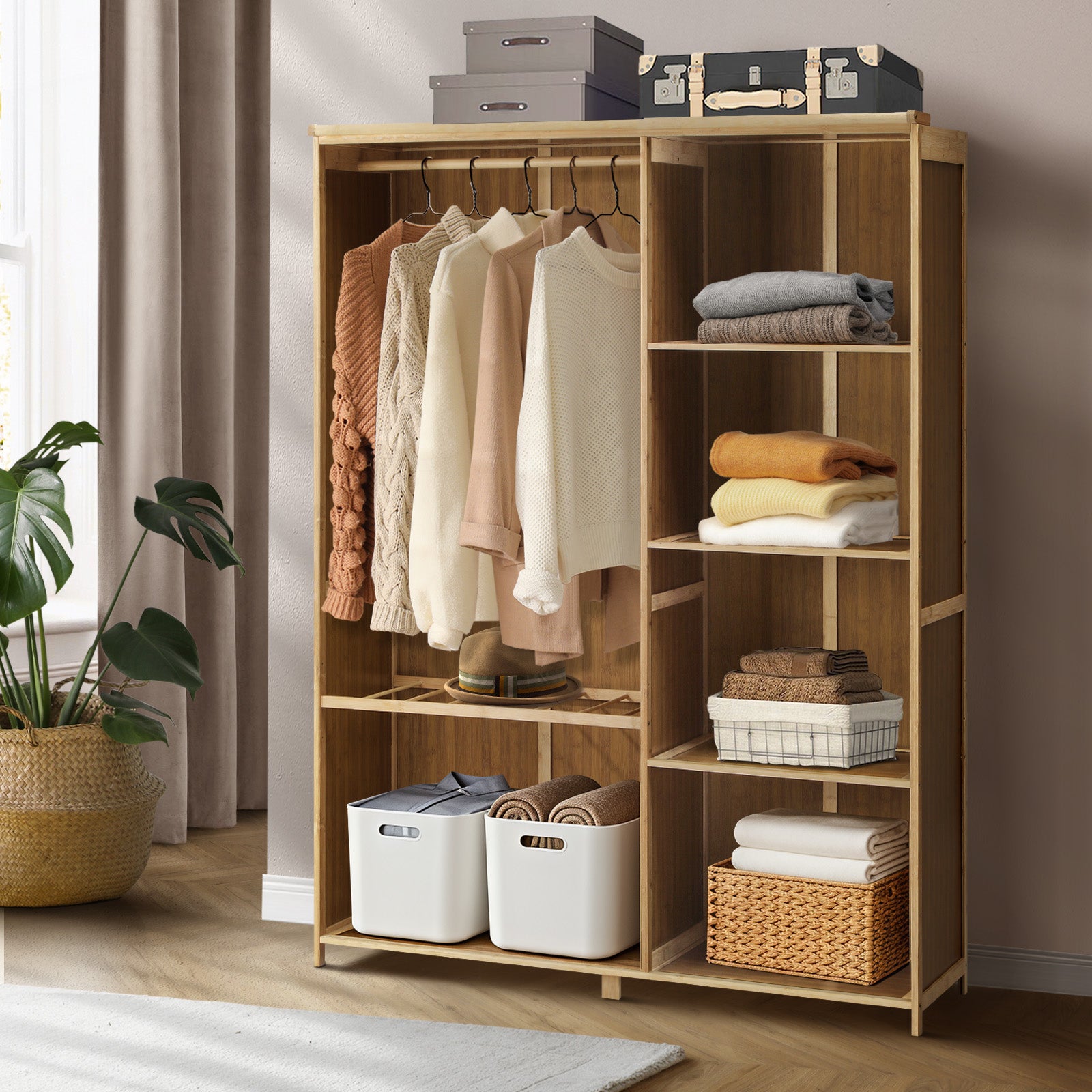 Oikiture Open Wardrobe Shelf Unit Clothes Storage 5 Shelves Hanging Rail - Sunyee
