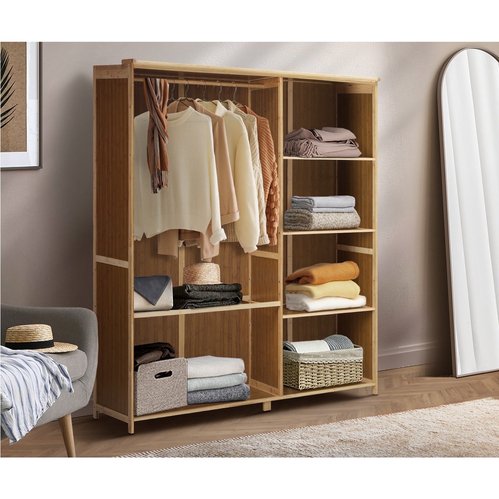 Oikiture Open Wardrobe Shelf Unit Clothes Storage 5 Shelves Hanging Rail - Sunyee