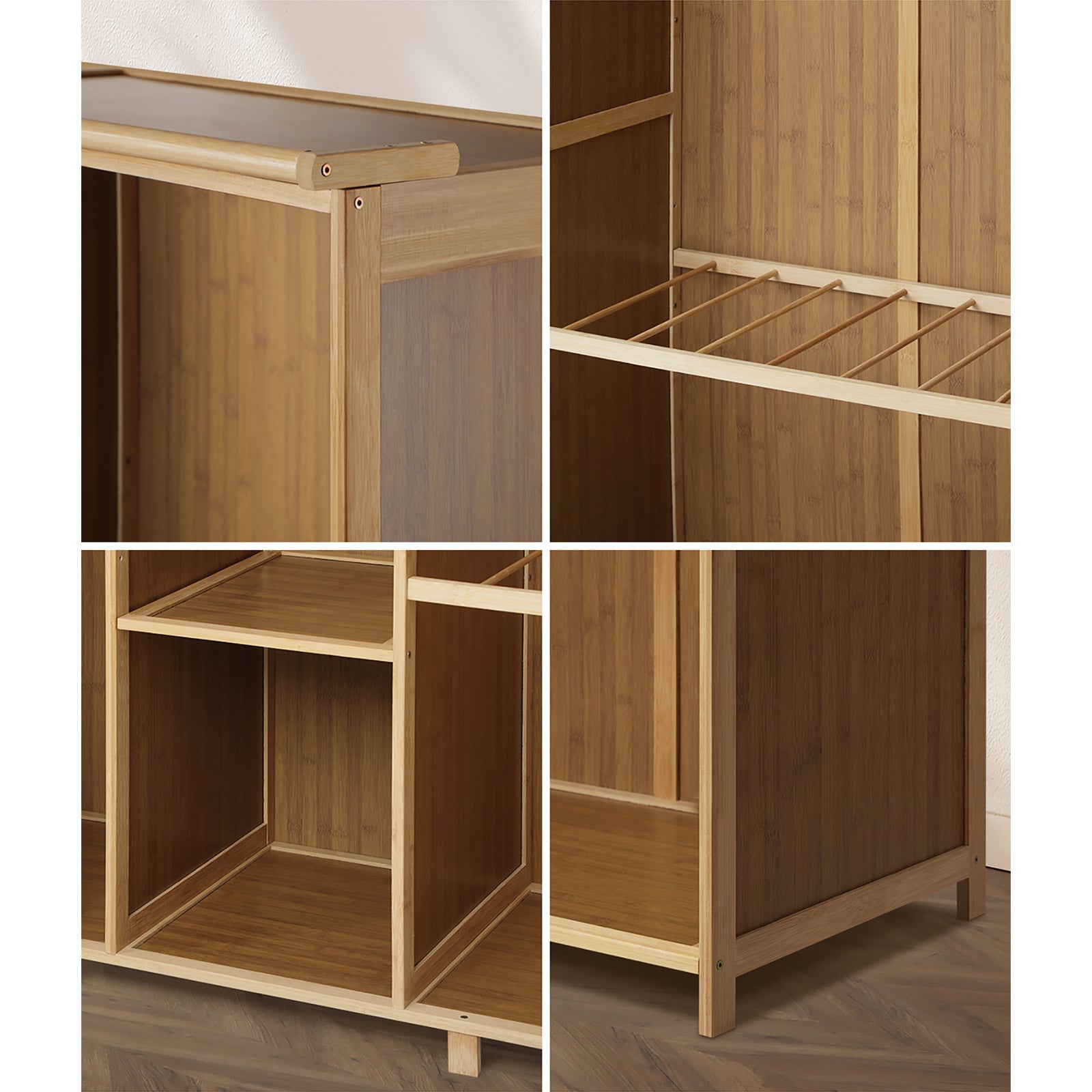 Oikiture Open Wardrobe Clothes Storage Stand Hanging Rail Bamboo Cupboard - Sunyee