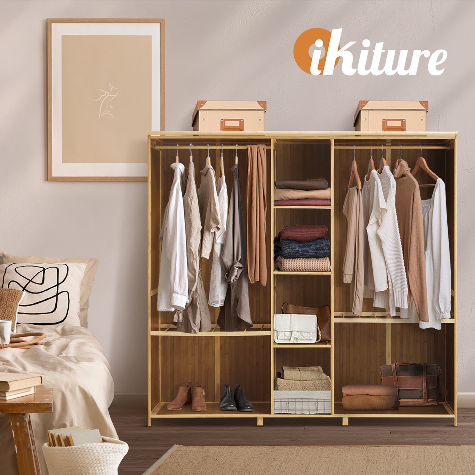 Oikiture Open Wardrobe Clothes Storage Stand Hanging Rail Bamboo Cupboard - Sunyee