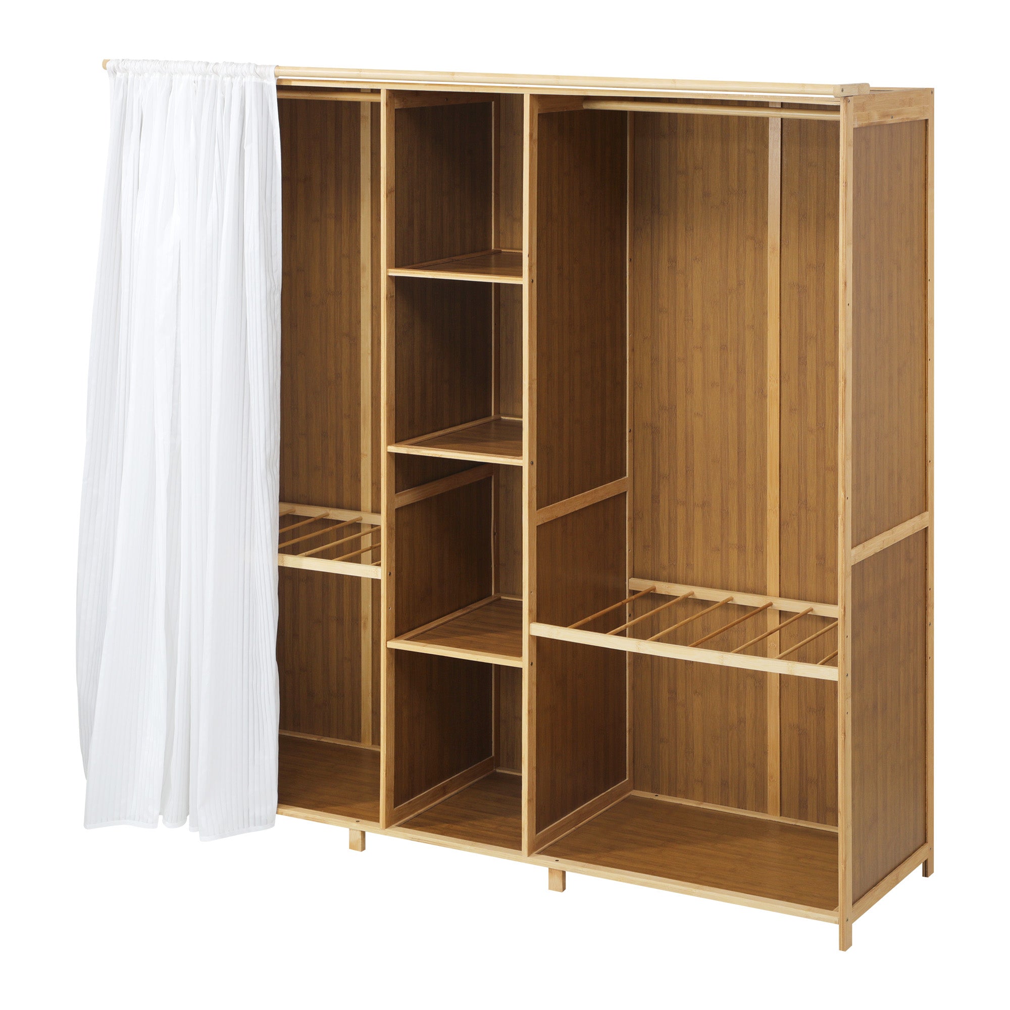 Oikiture Open Wardrobe Clothes Storage Stand Hanging Rail Bamboo Cupboard - Sunyee