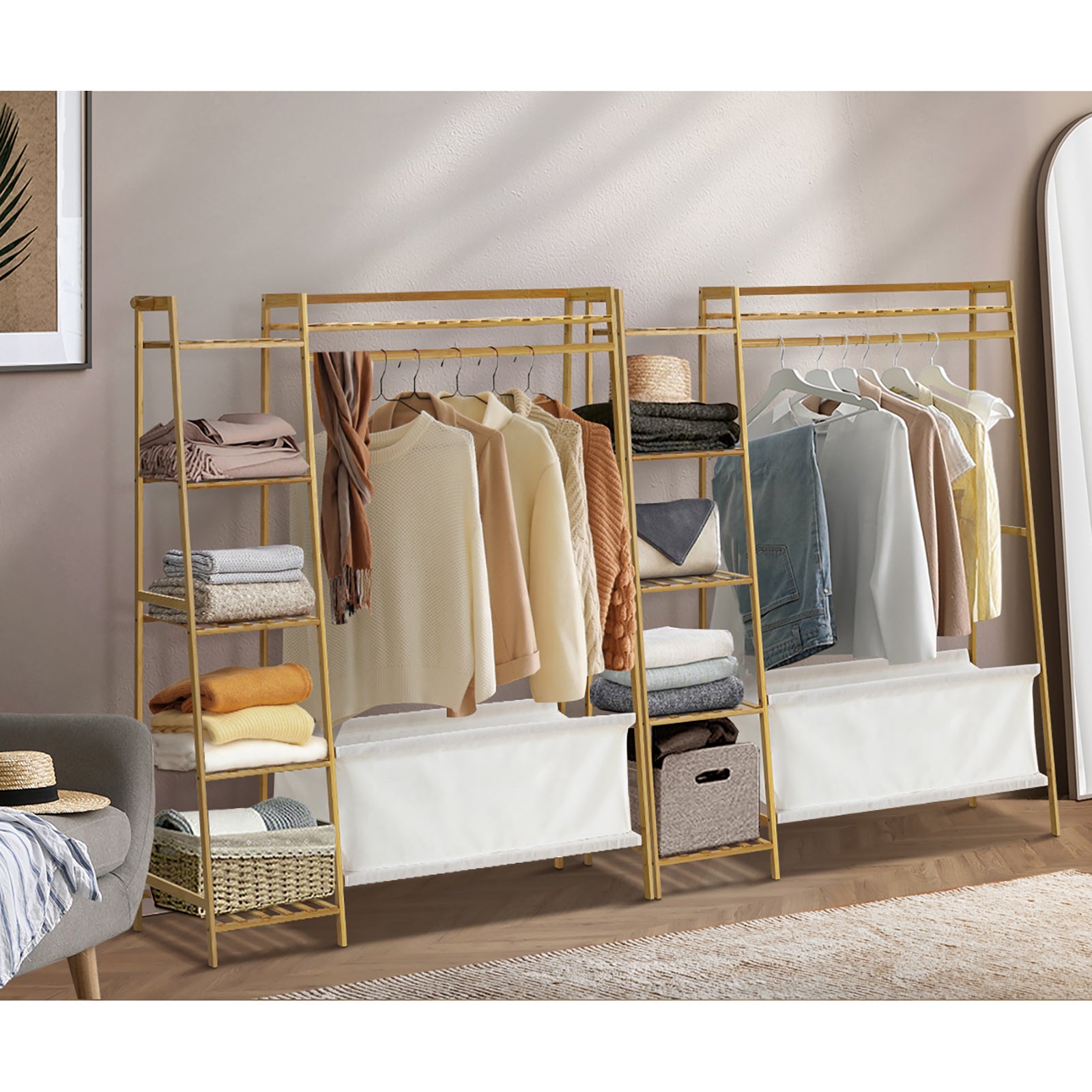 Oikiture Clothes Rack Open Wardrobe Garment Coat Hanging Rail with Laundry bag - Sunyee