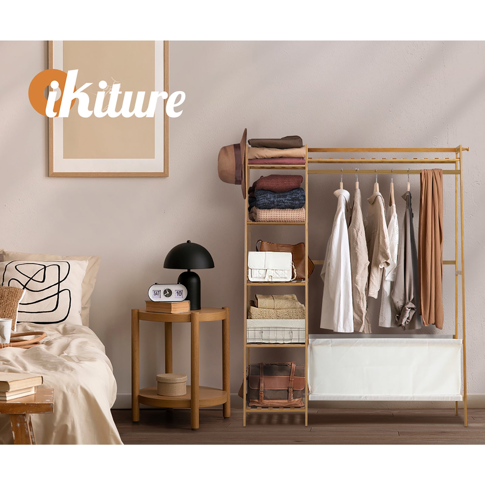 Oikiture Clothes Rack Open Wardrobe Garment Coat Hanging Rail with Laundry bag - Sunyee