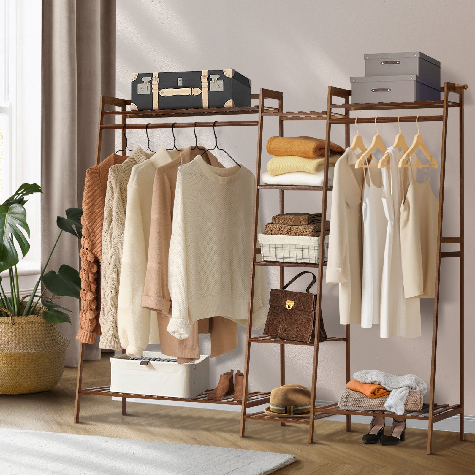Oikiture Clothes Rack Open Wardrobe Garment Coat Hanging Rail Bamboo 9 Shelves - Sunyee