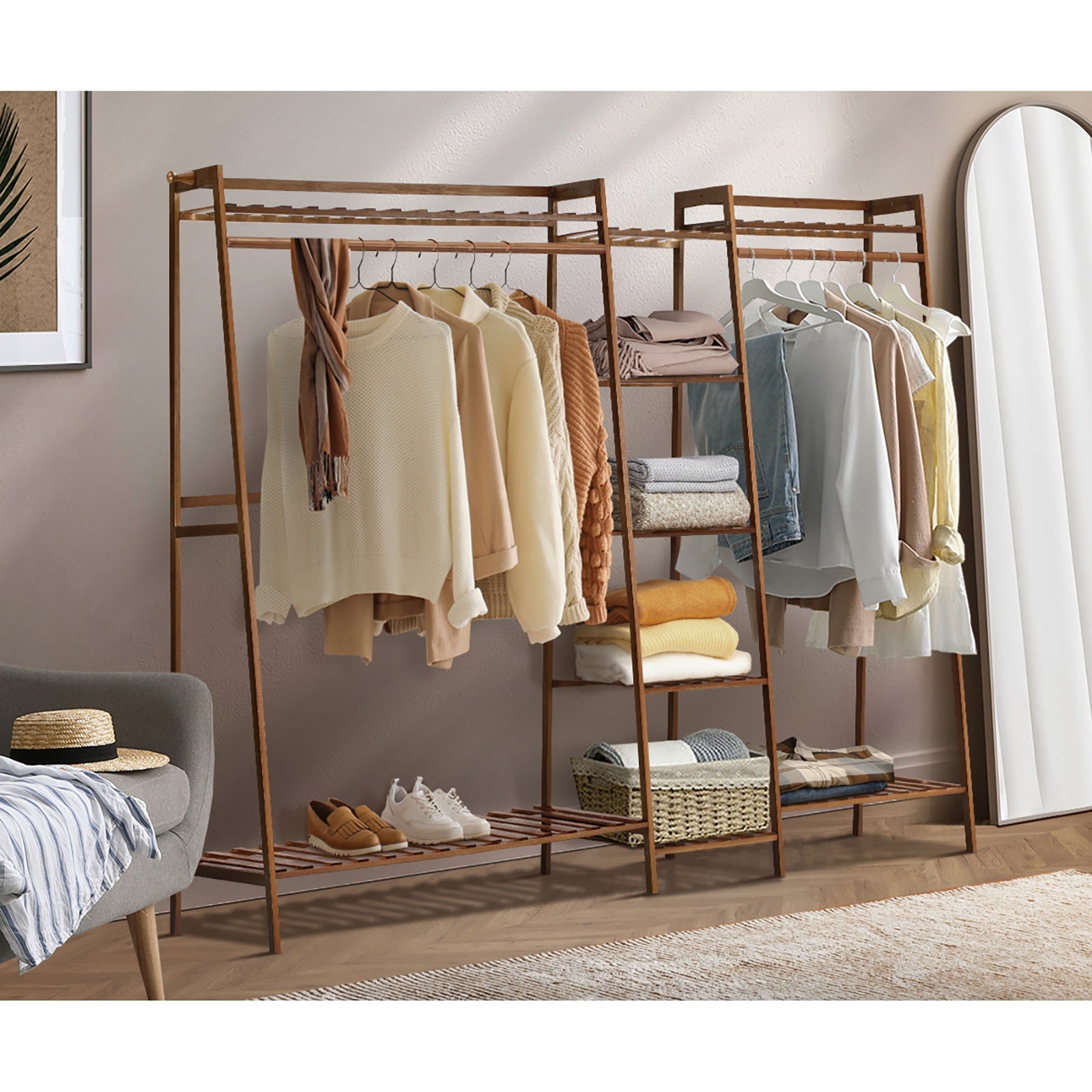 Oikiture Clothes Rack Open Wardrobe Garment Coat Hanging Rail Bamboo 9 Shelves - Sunyee