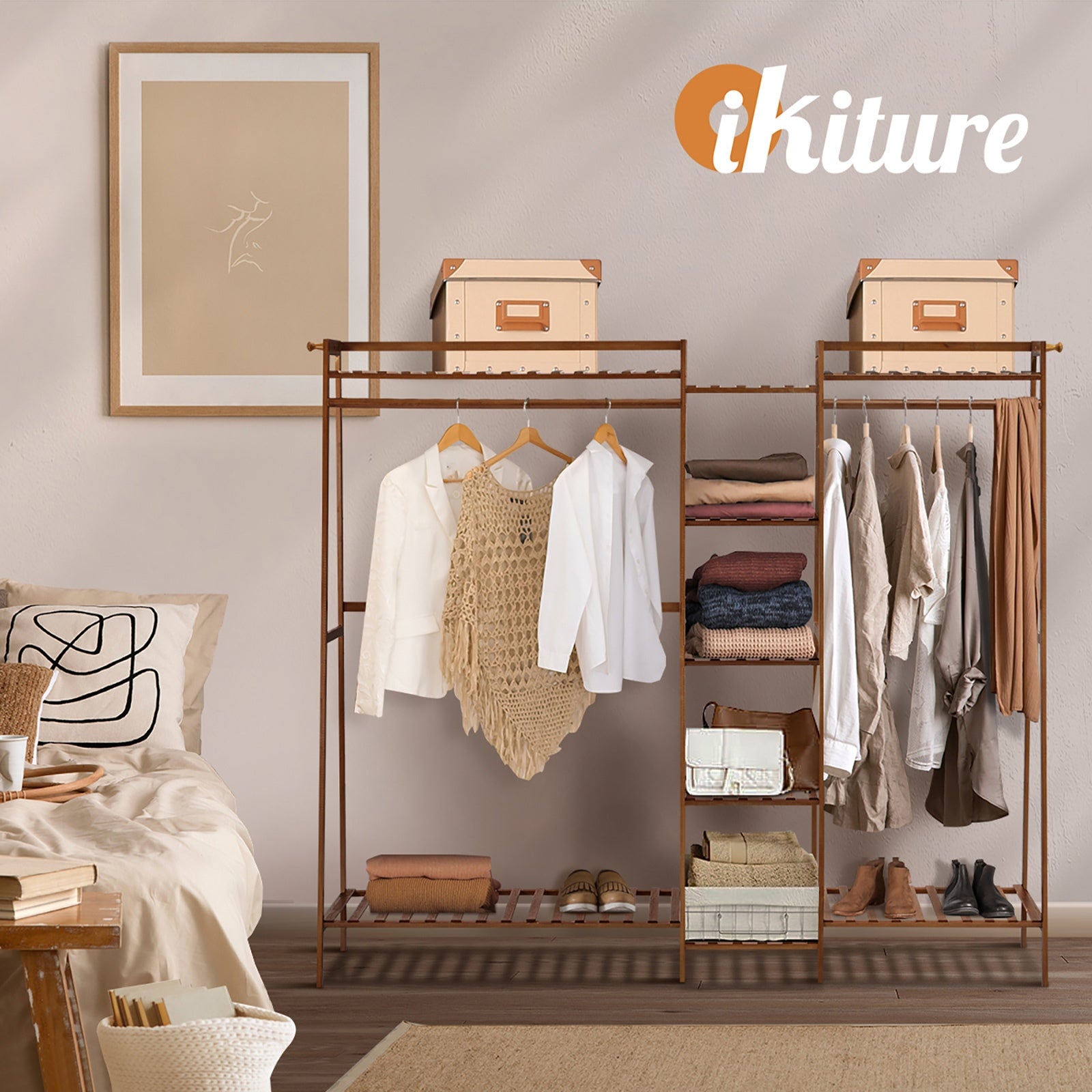 Oikiture Clothes Rack Open Wardrobe Garment Coat Hanging Rail Bamboo 9 Shelves - Sunyee