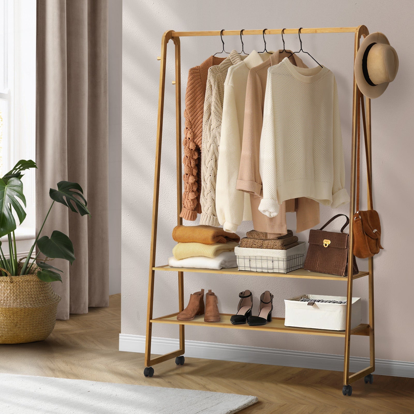 Oikiture Clothes Rack Bamboo Garment Coat Stand Hanging Rail Portable Wheels - Sunyee
