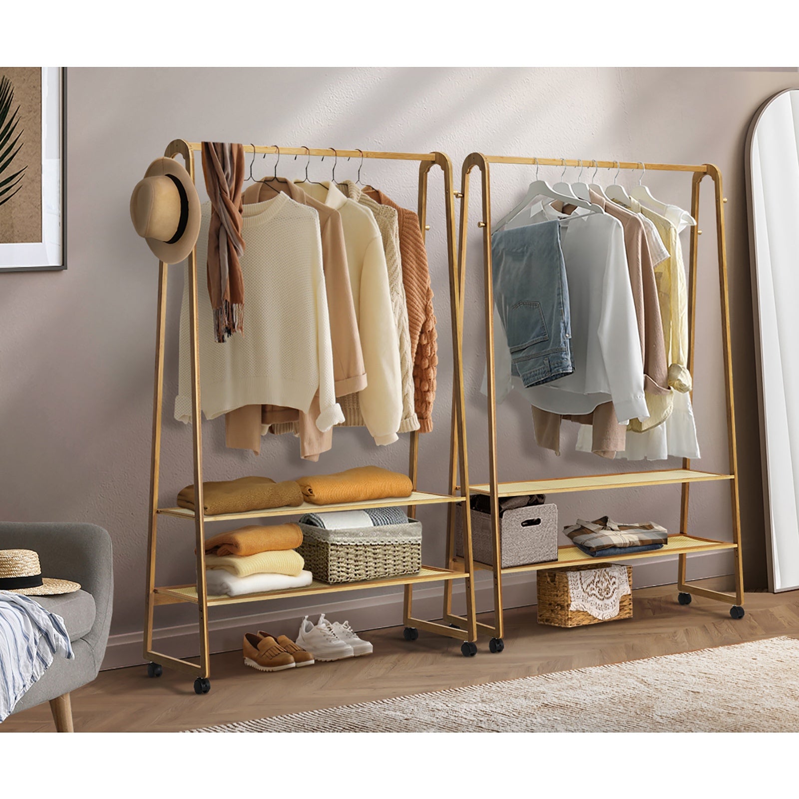 Oikiture Clothes Rack Bamboo Garment Coat Stand Hanging Rail Portable Wheels - Sunyee