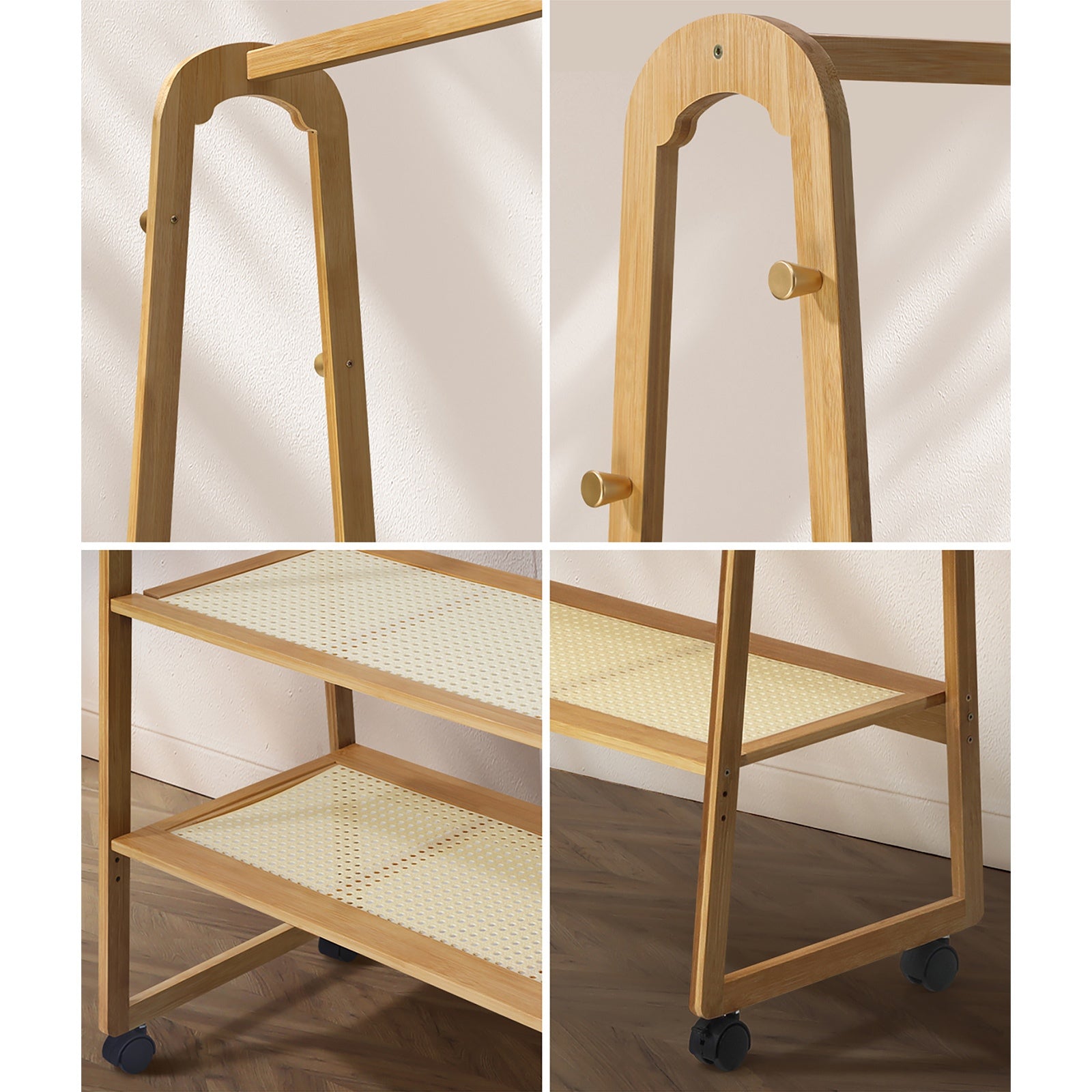Oikiture Clothes Rack Bamboo Garment Coat Stand Hanging Rail Portable Wheels - Sunyee