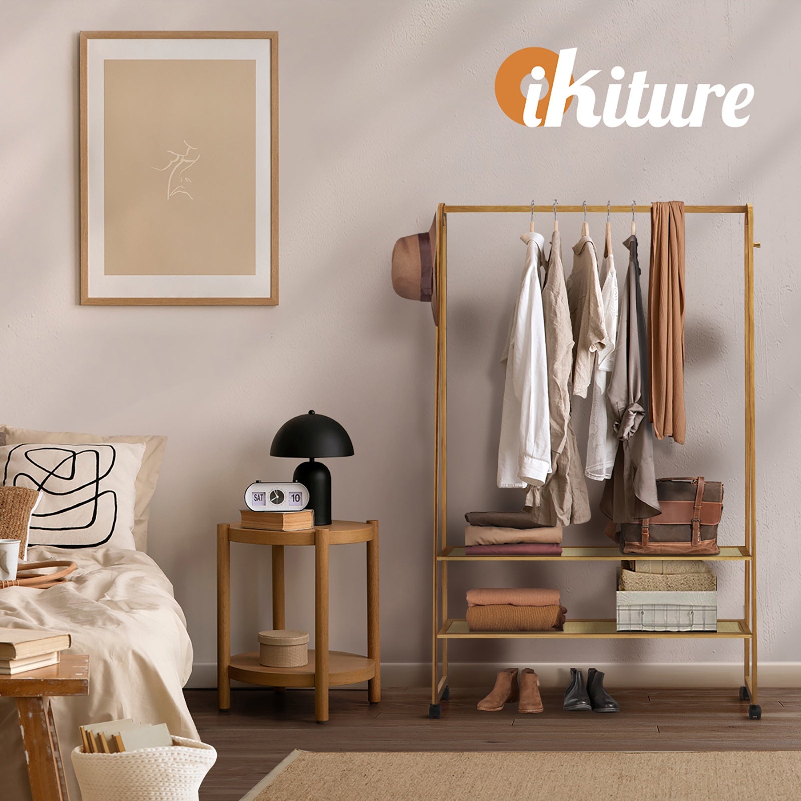 Oikiture Clothes Rack Bamboo Garment Coat Stand Hanging Rail Portable Wheels - Sunyee