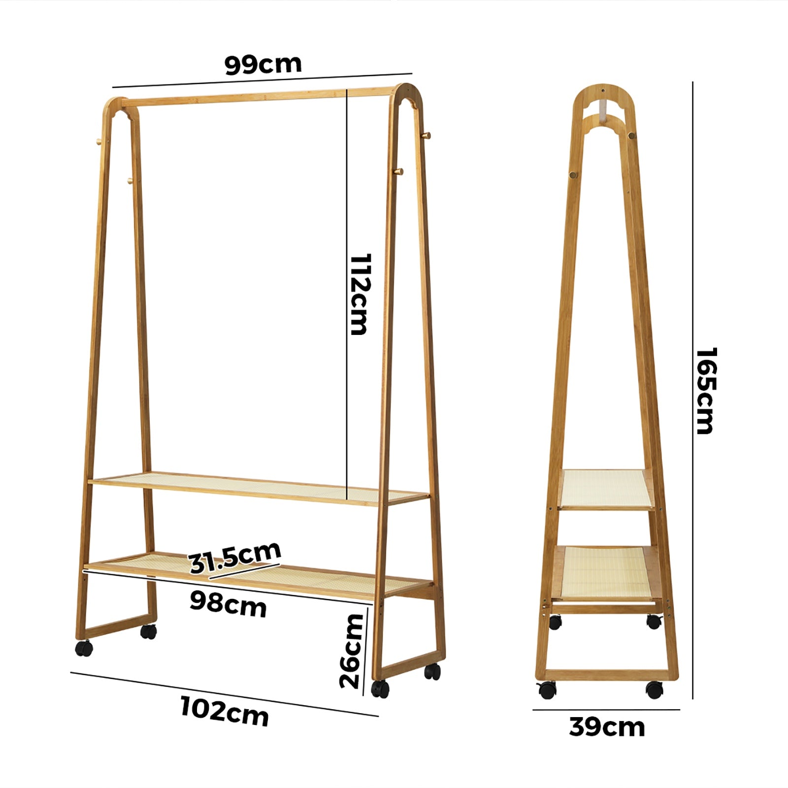 Oikiture Clothes Rack Bamboo Garment Coat Stand Hanging Rail Portable Wheels - Sunyee