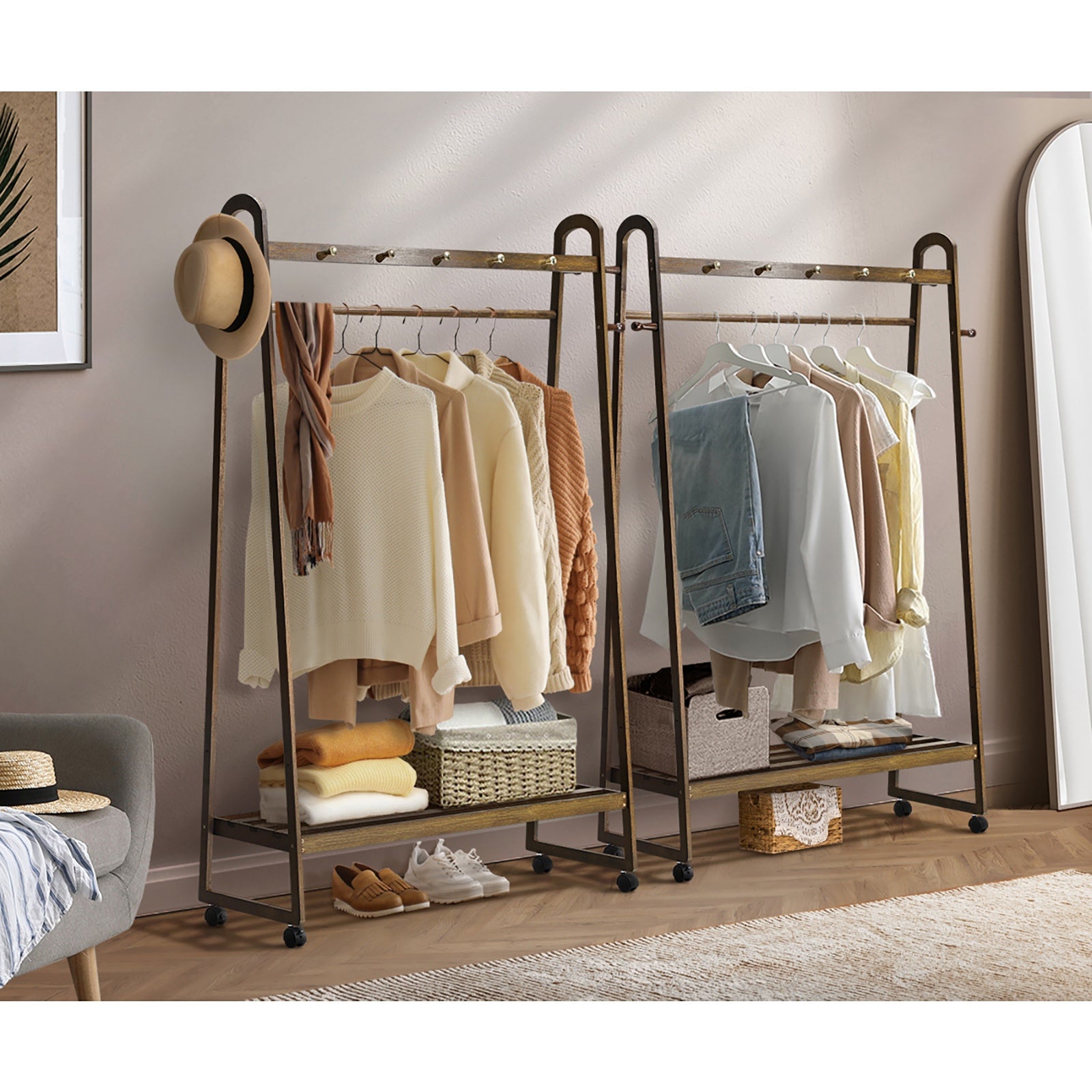 Oikiture Clothes Rack Garment Coat Stand Hanging Rail Bamboo Portable Wheels - Sunyee