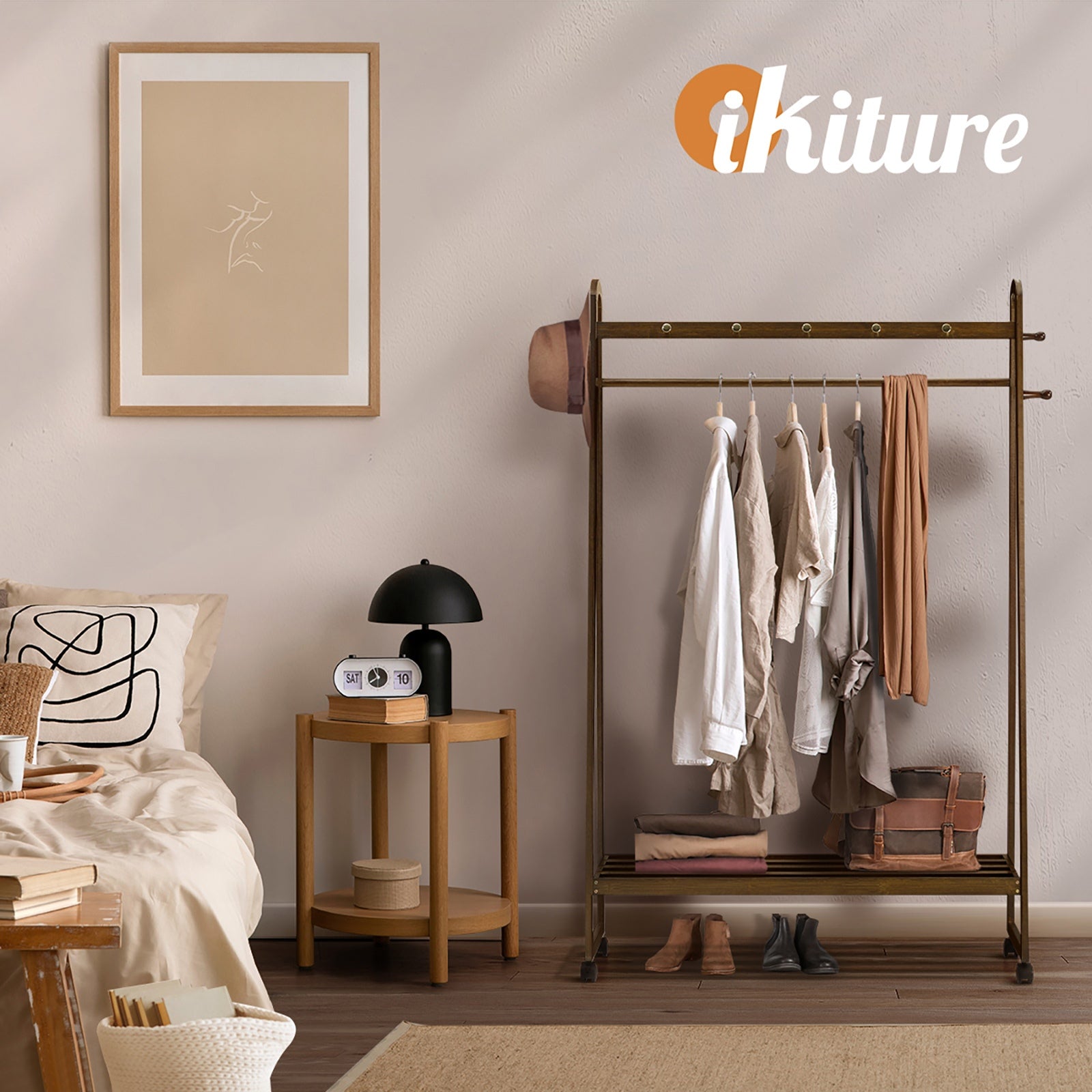 Oikiture Clothes Rack Garment Coat Stand Hanging Rail Bamboo Portable Wheels - Sunyee