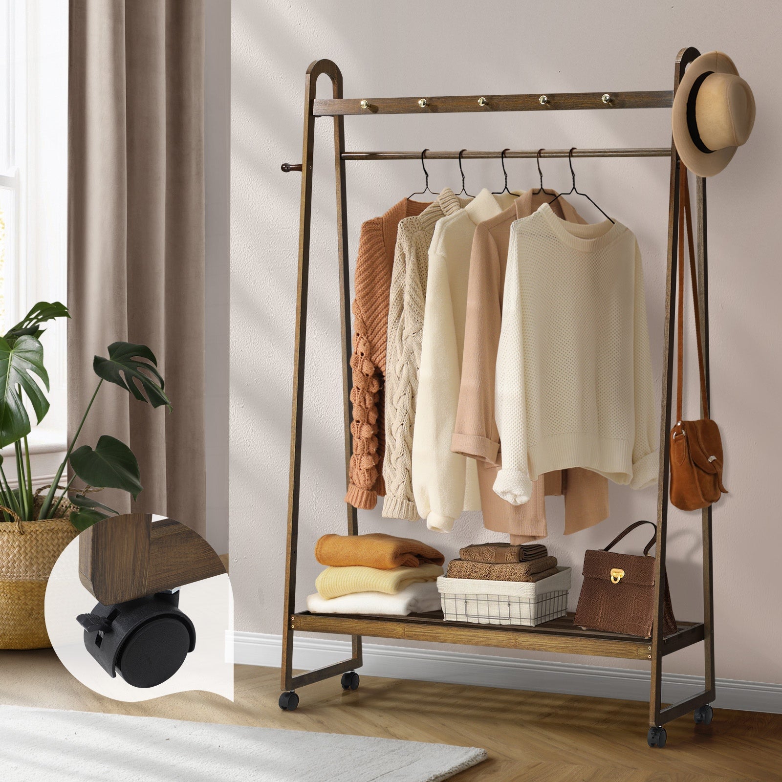 Oikiture Clothes Rack Garment Coat Stand Hanging Rail Bamboo Portable Wheels - Sunyee