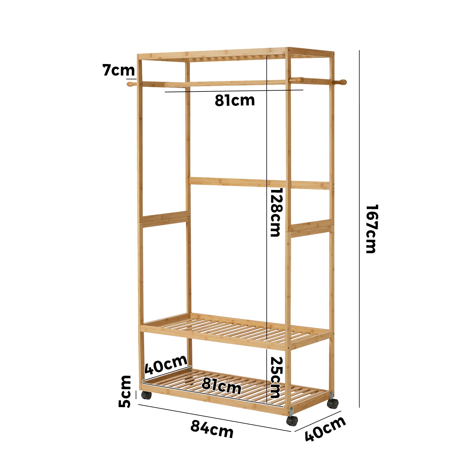 Oikiture Clothes Rack Open Wardrobe Garment Coat Stand Bamboo 2 Shelves Wheels