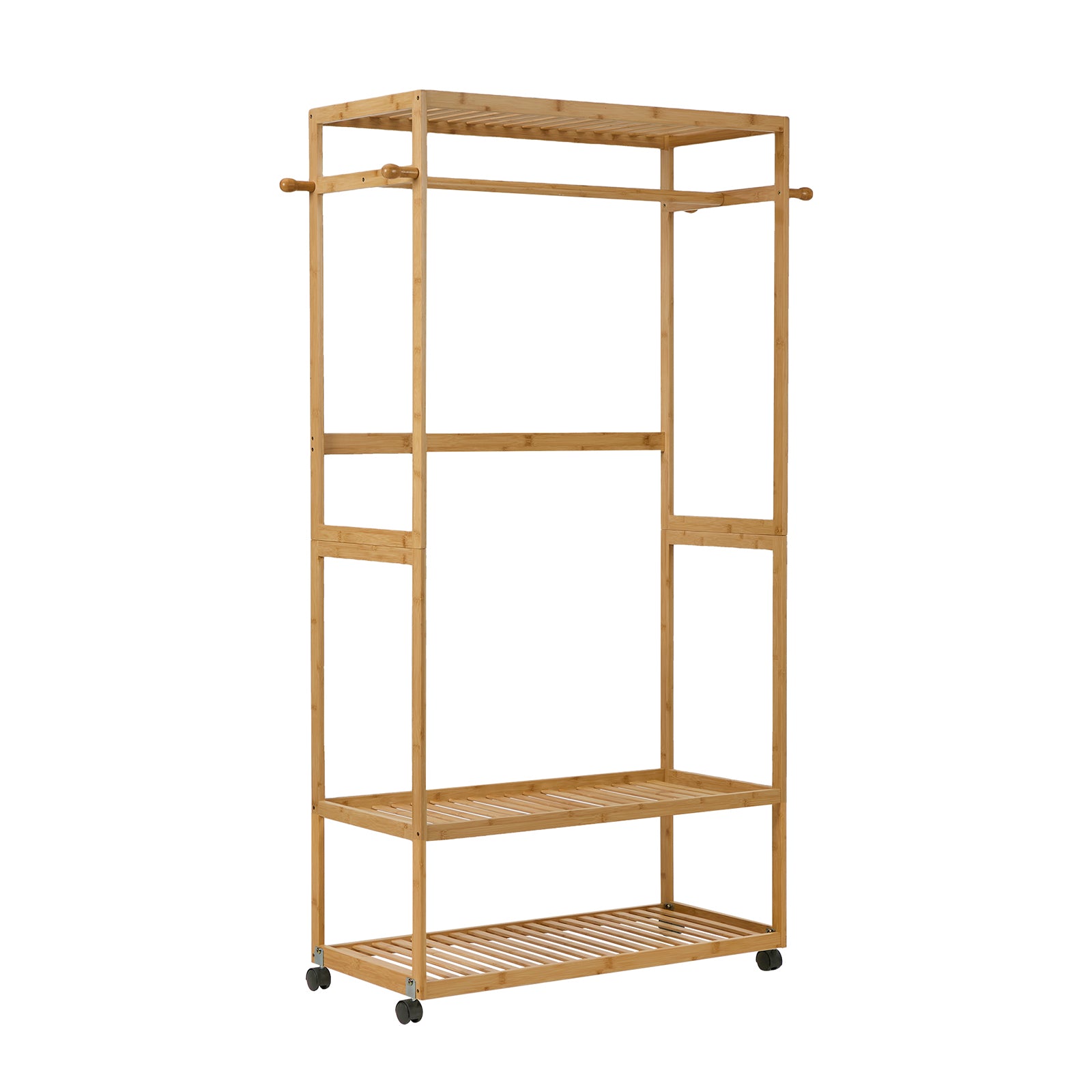 Oikiture Clothes Rack Open Wardrobe Garment Coat Stand Bamboo 2 Shelves Wheels