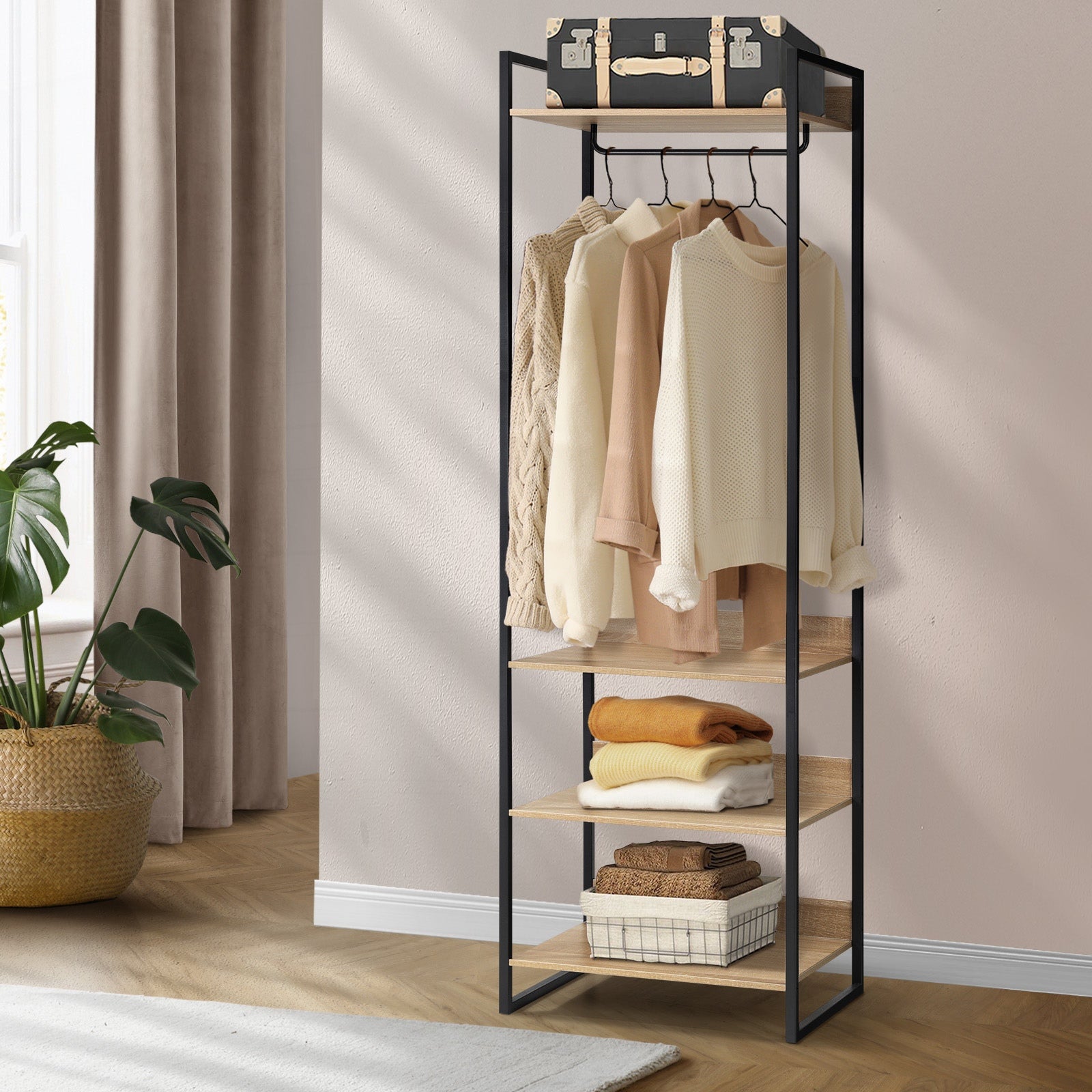 Oikiture Clothes Rack Open Wardrobe Garment Coat 4 shelves Hanging Rail Metal - Sunyee
