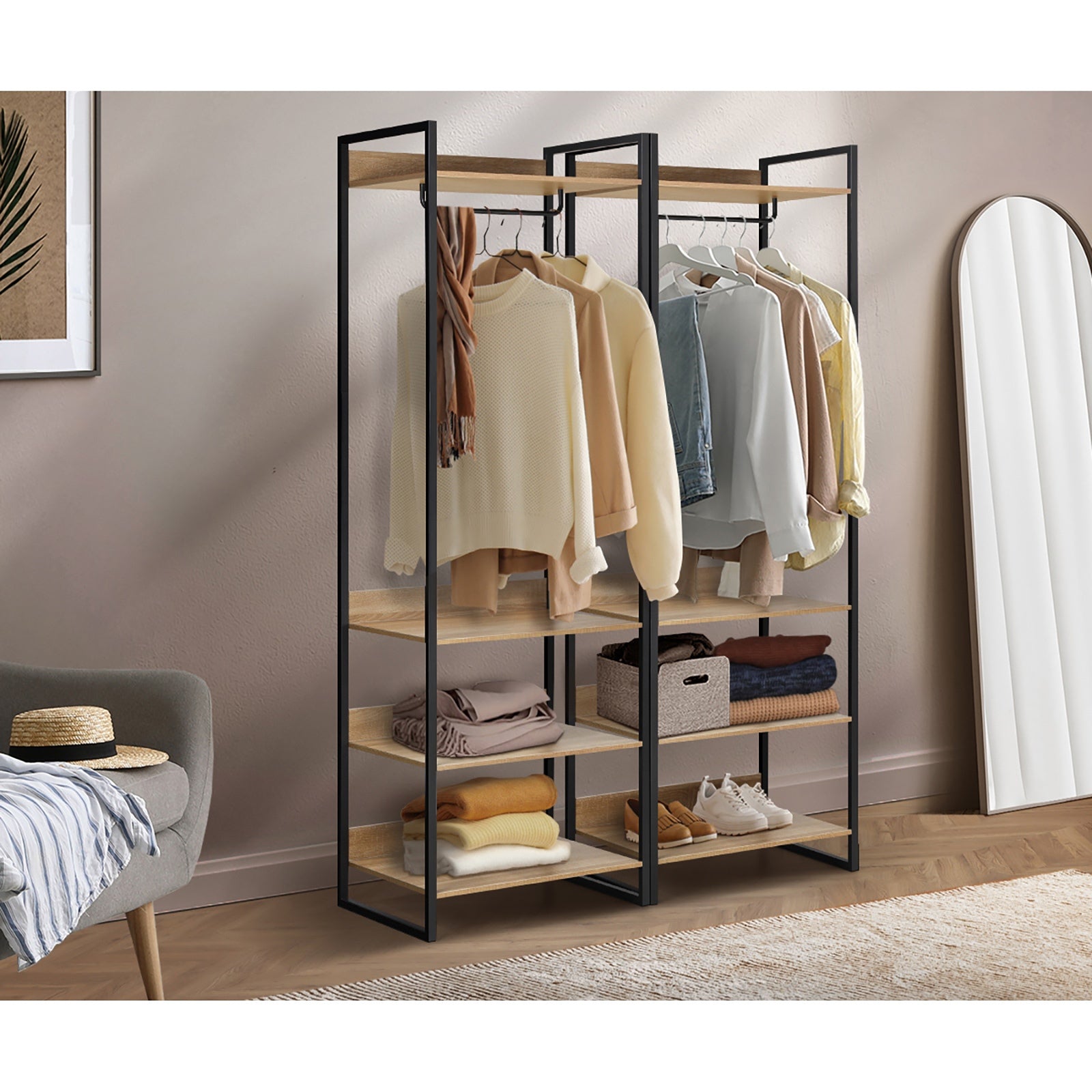 Oikiture Clothes Rack Open Wardrobe Garment Coat 4 shelves Hanging Rail Metal - Sunyee