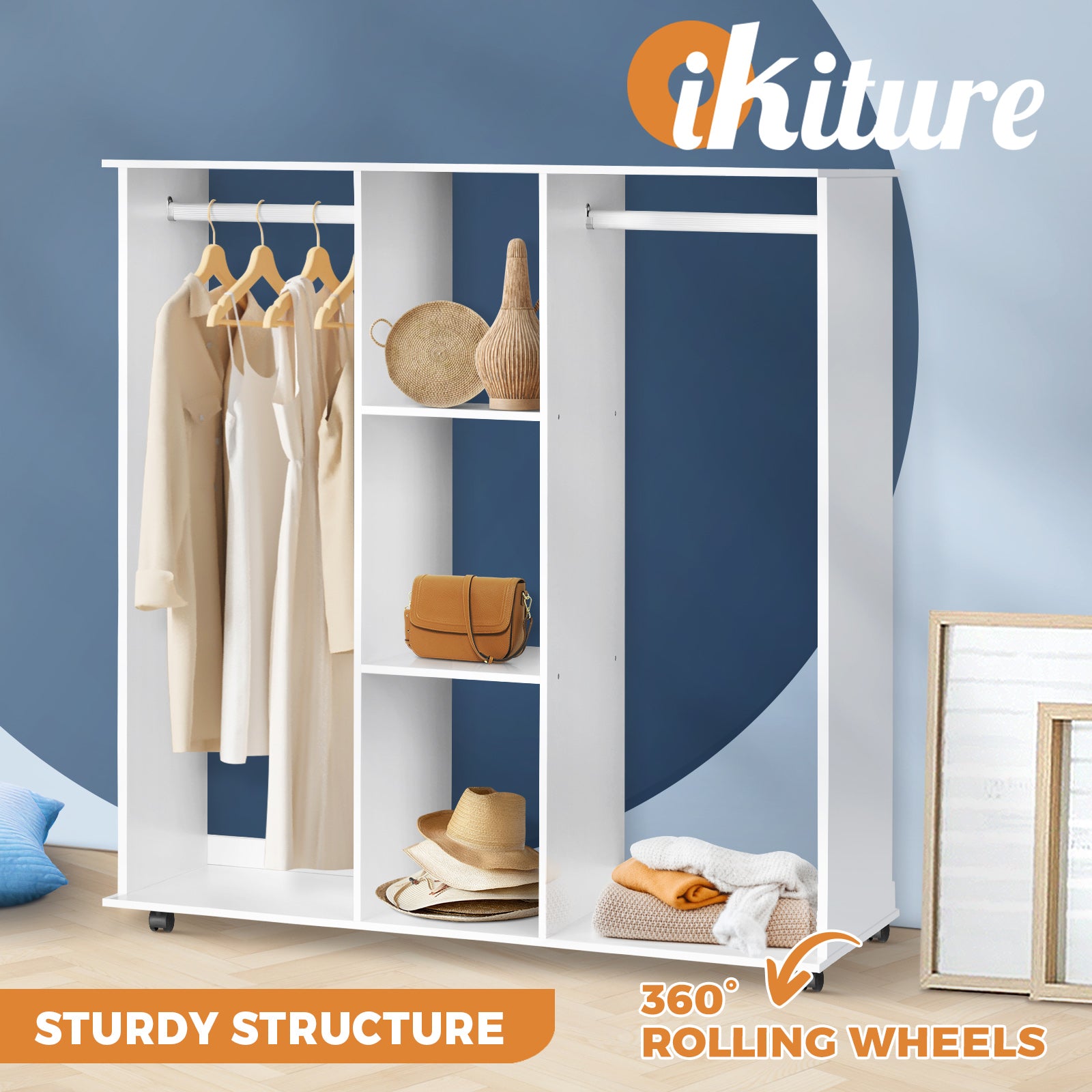 Oikiture Portable Double Wardrobe Storage Shelves Organizer Clothes Rack Hanger - Sunyee