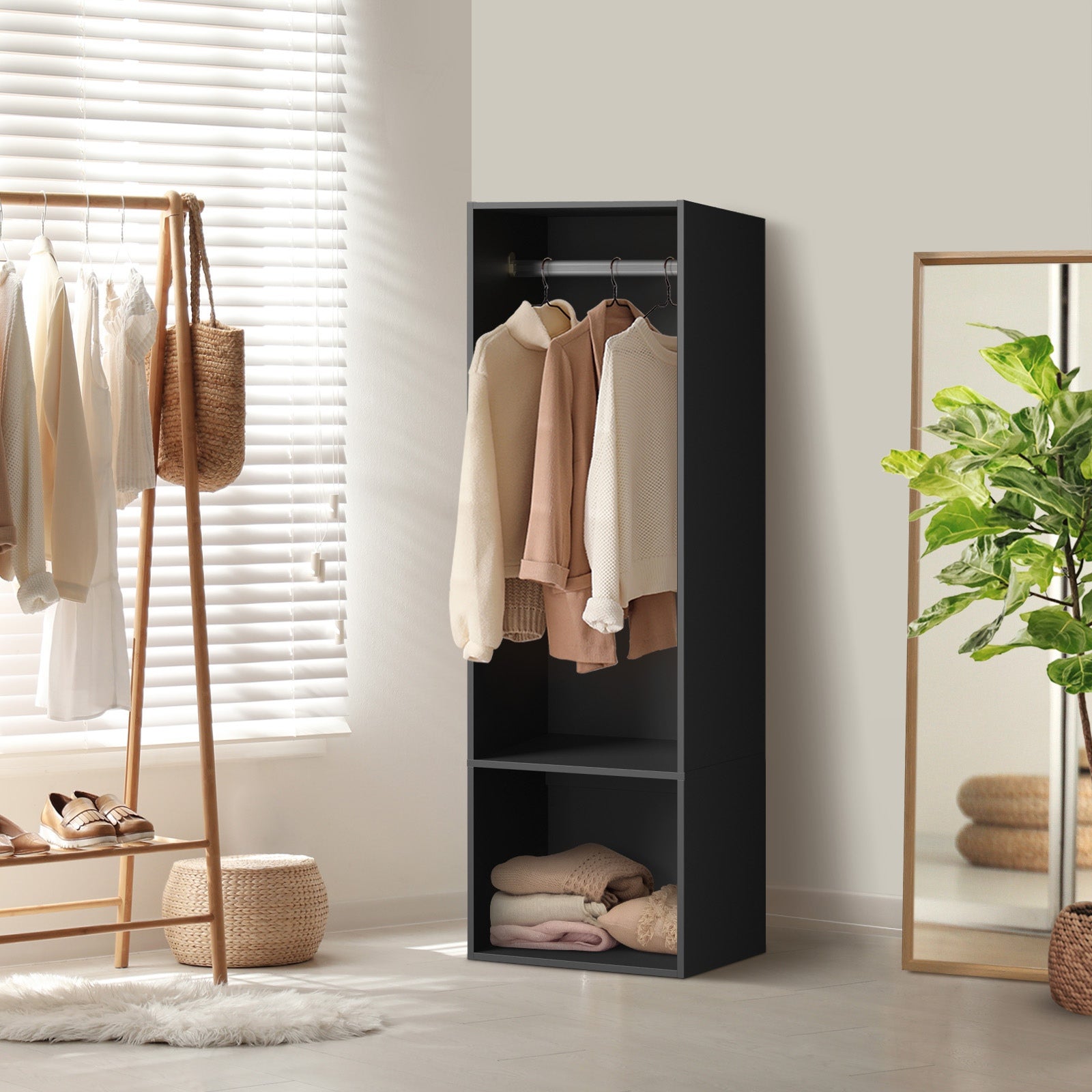 Oikiture Open Wardrobe Shelf Unit Clothes Storage 2 Shelves Hanging Rail Black - Sunyee