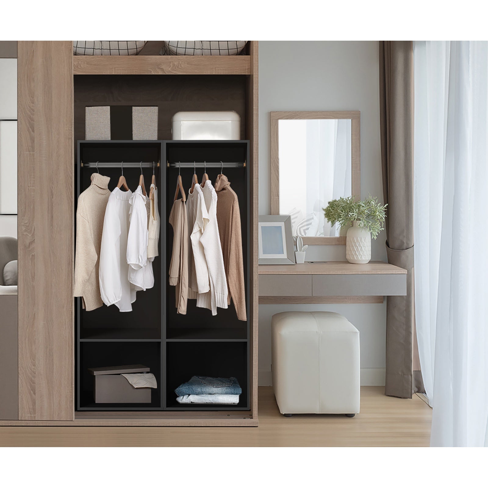 Oikiture Open Wardrobe Shelf Unit Clothes Storage 2 Shelves Hanging Rail Black - Sunyee