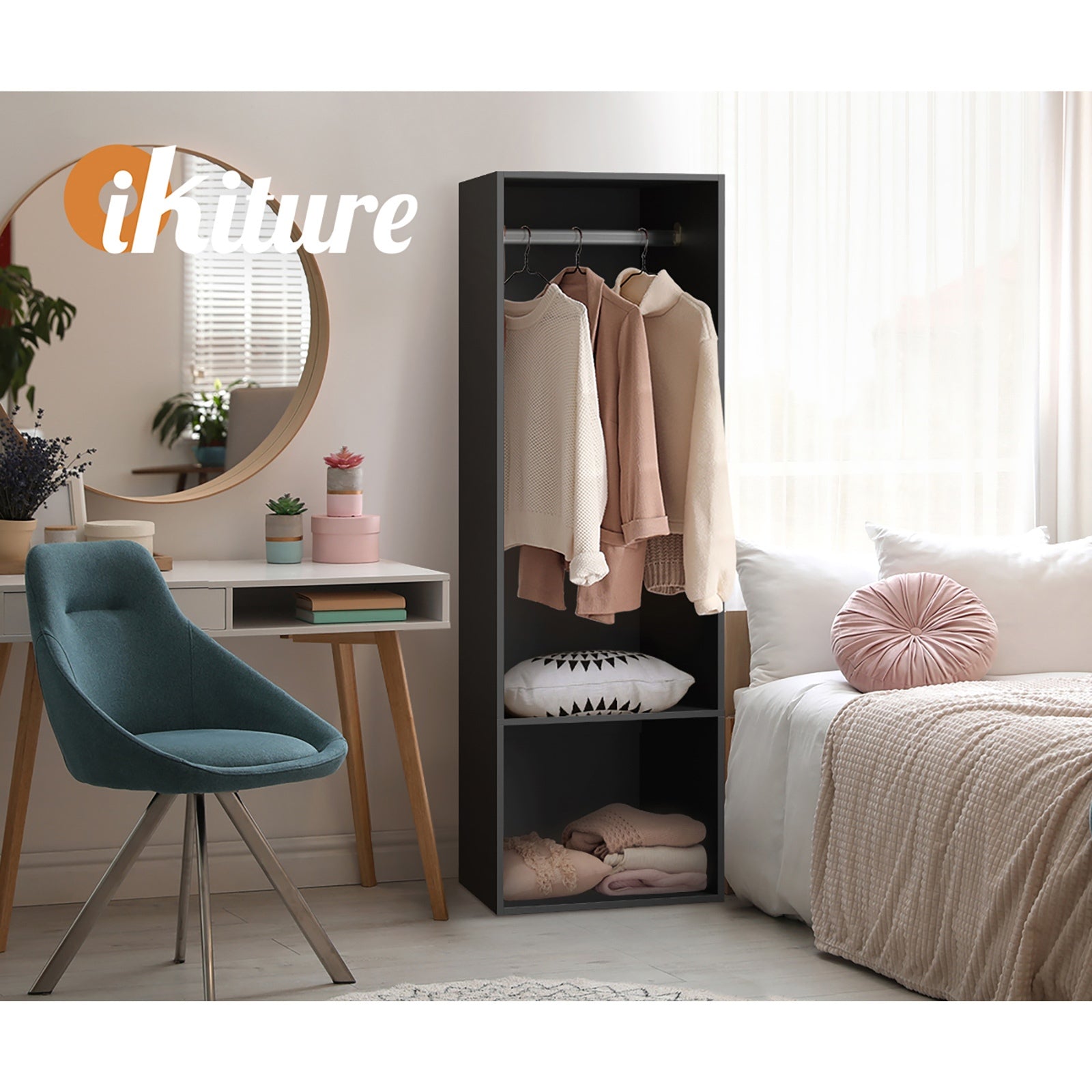 Oikiture Open Wardrobe Shelf Unit Clothes Storage 2 Shelves Hanging Rail Black - Sunyee