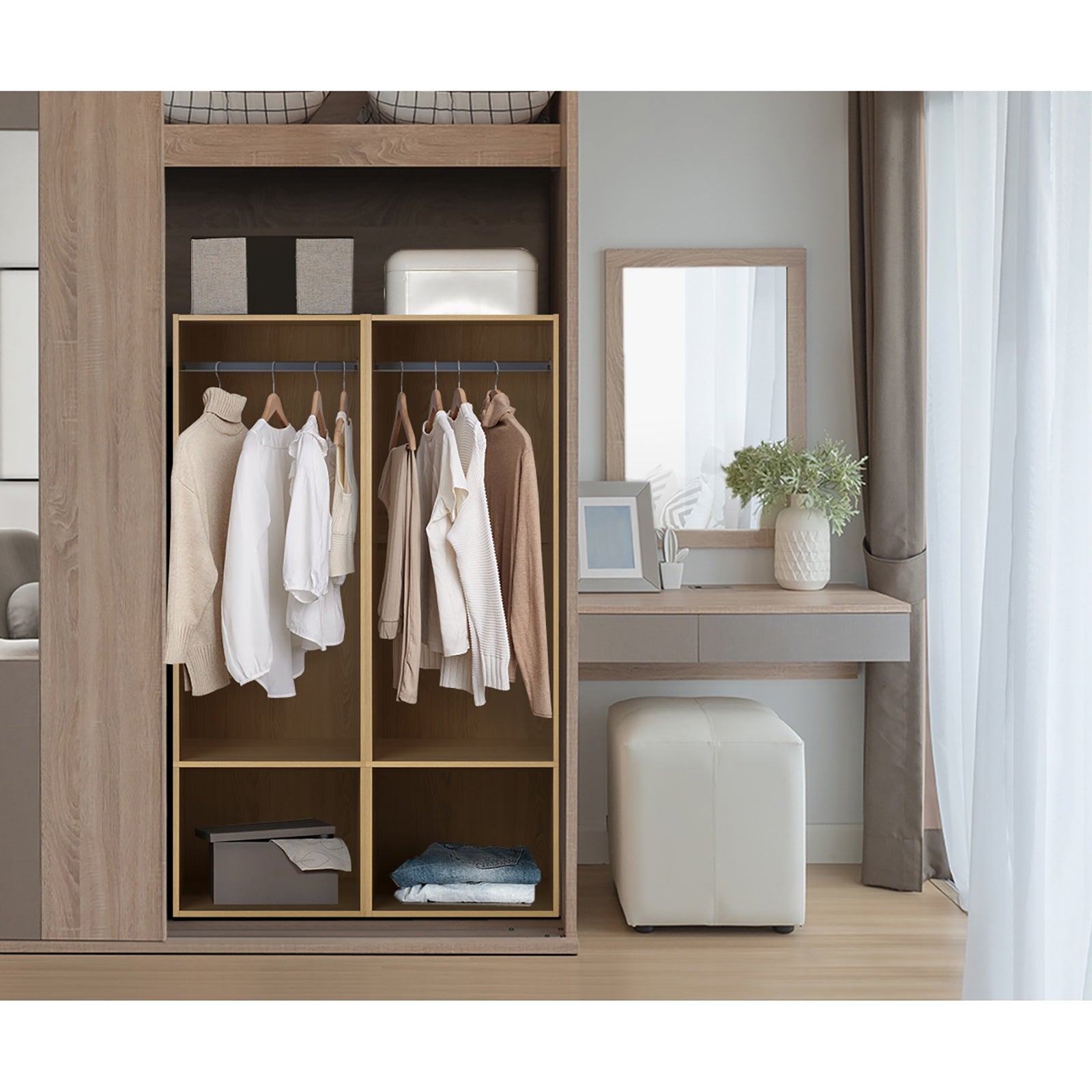 Oikiture Open Wardrobe Shelf Unit Clothes Storage 2 Shelves Hanging Rail Natural - Sunyee