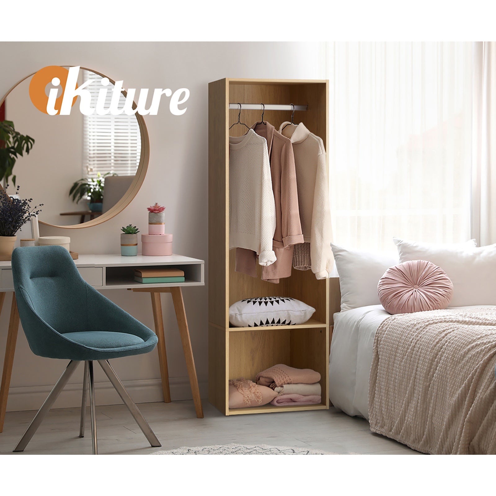 Oikiture Open Wardrobe Shelf Unit Clothes Storage 2 Shelves Hanging Rail Natural - Sunyee