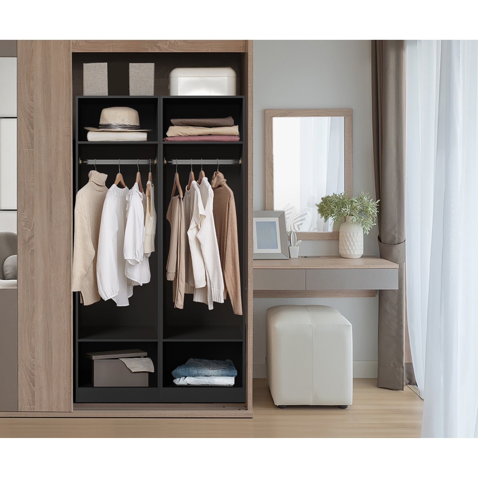 Oikiture Open Wardrobe Shelf Unit Clothes Storage 3 Shelves Hanging Rail Black - Sunyee