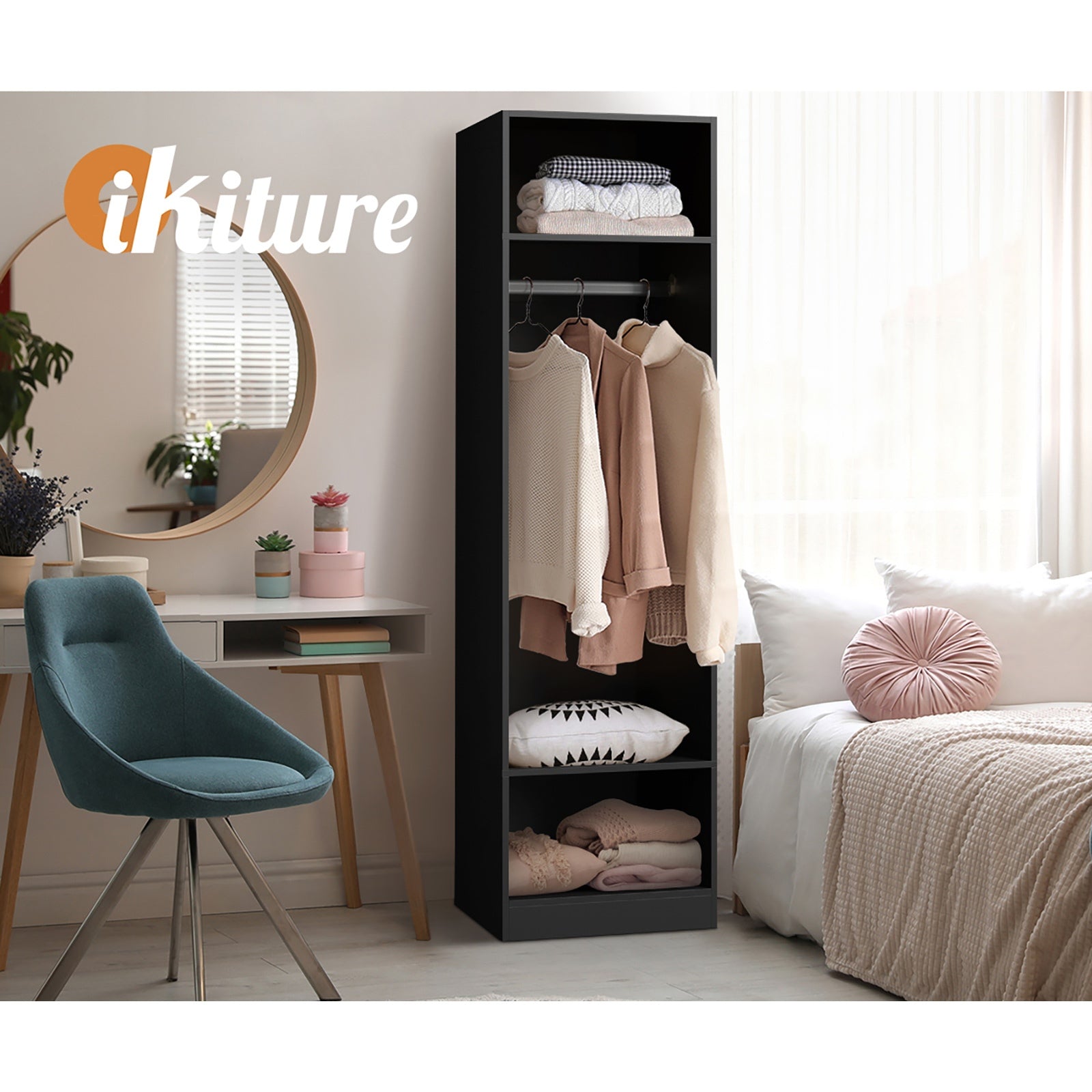 Oikiture Open Wardrobe Shelf Unit Clothes Storage 3 Shelves Hanging Rail Black - Sunyee